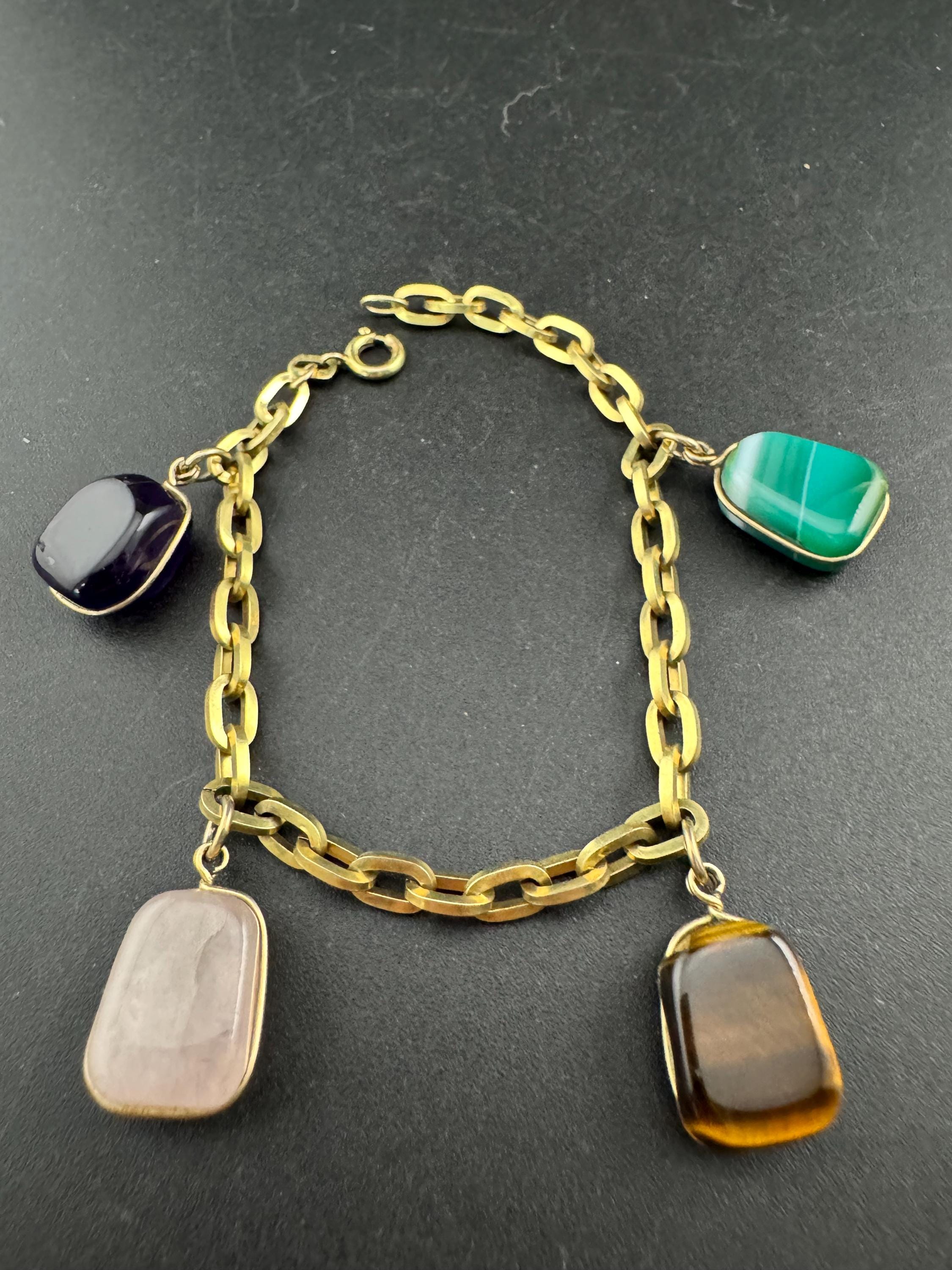 Vintage 1940s Gold Tone Charm Bracelet: Gemstone Charms, 19.5cm
