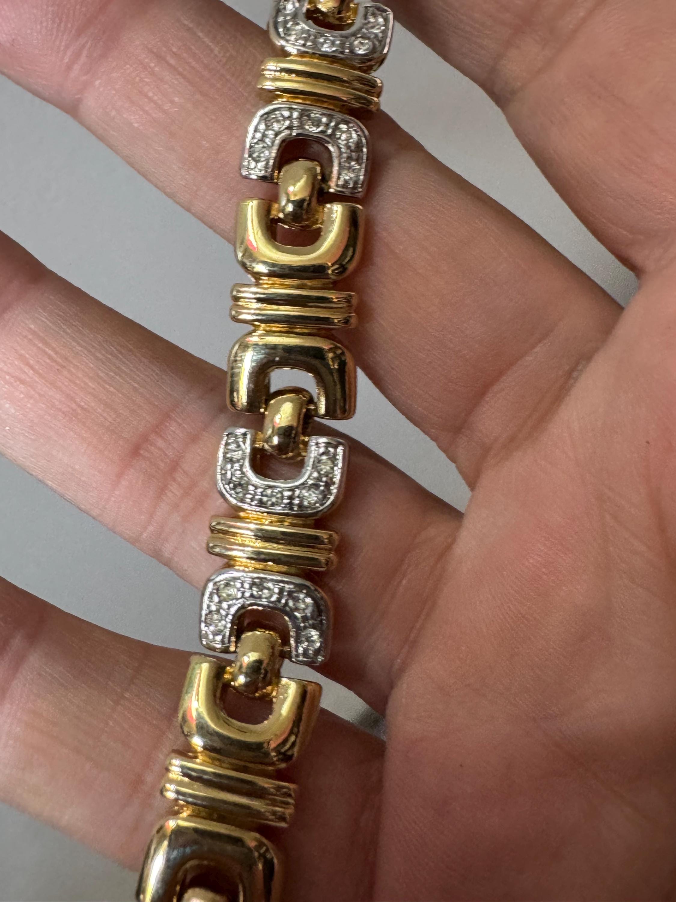 Retro 1980s gold tone diamanté crystal set panther brick chain link bracelet 18.5cm x 12mm
