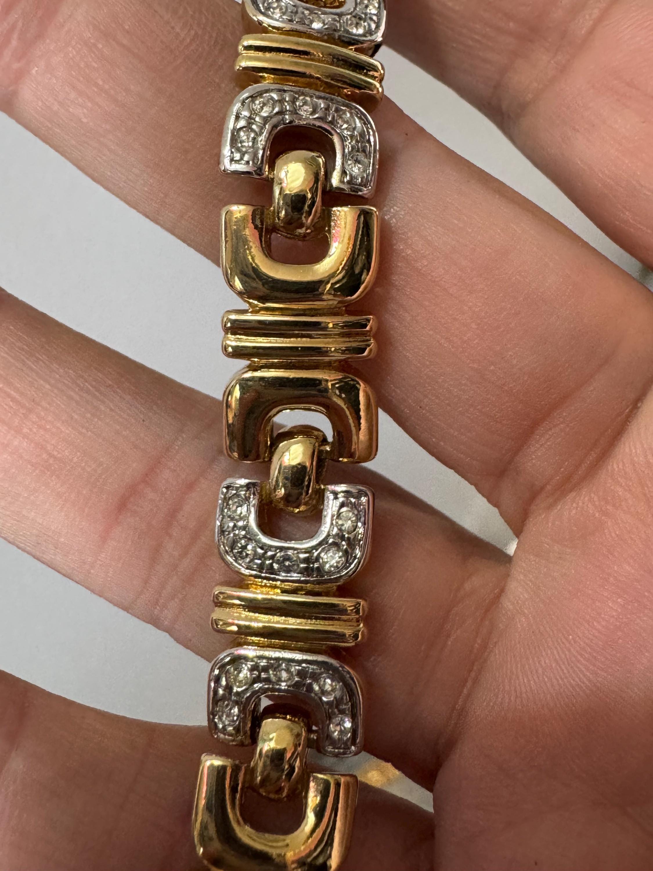 Retro 1980s gold tone diamanté crystal set panther brick chain link bracelet 18.5cm x 12mm