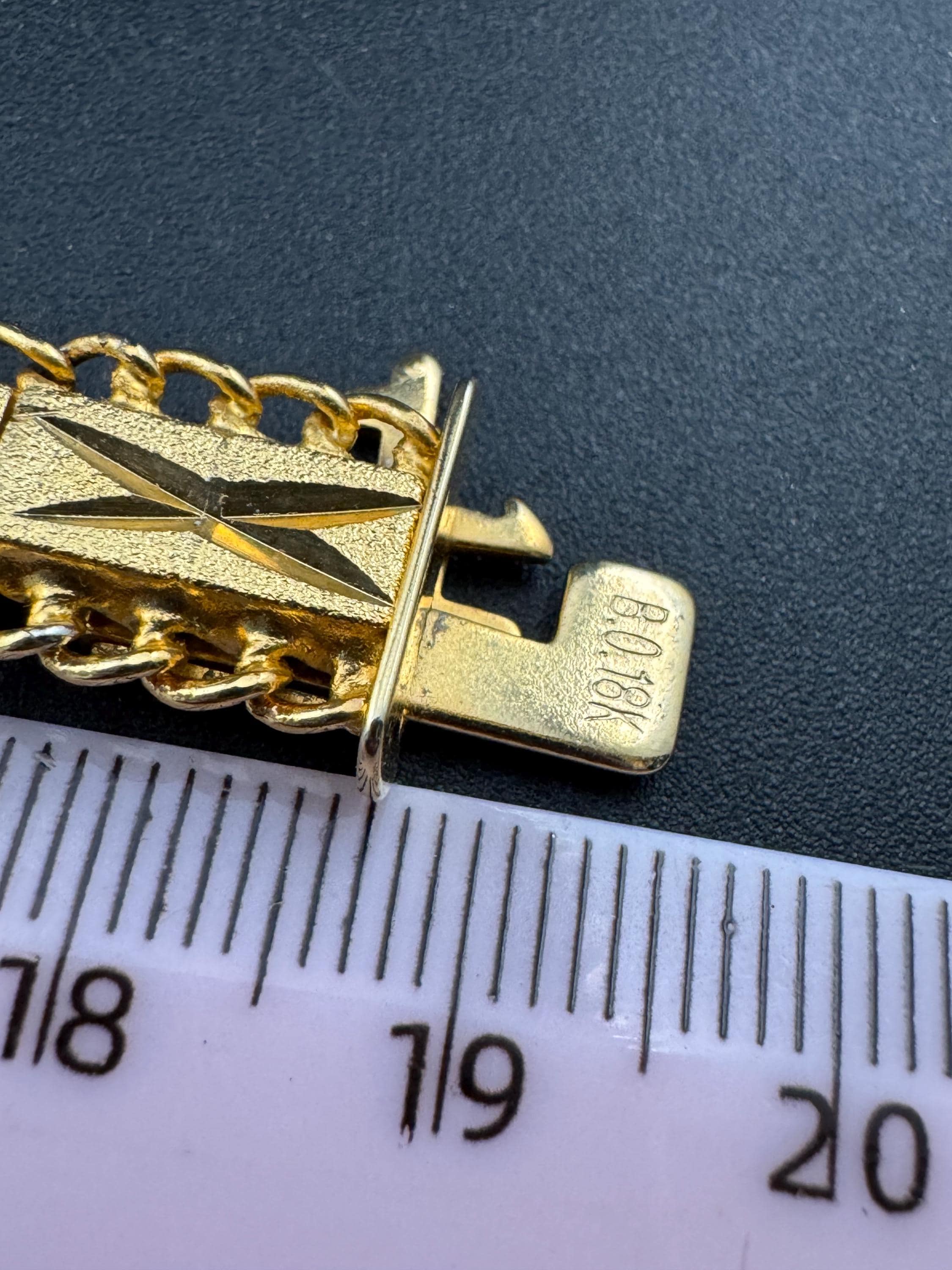 1970s articulated flat textured 18k gold plated wide chain etched  bracelet stamped