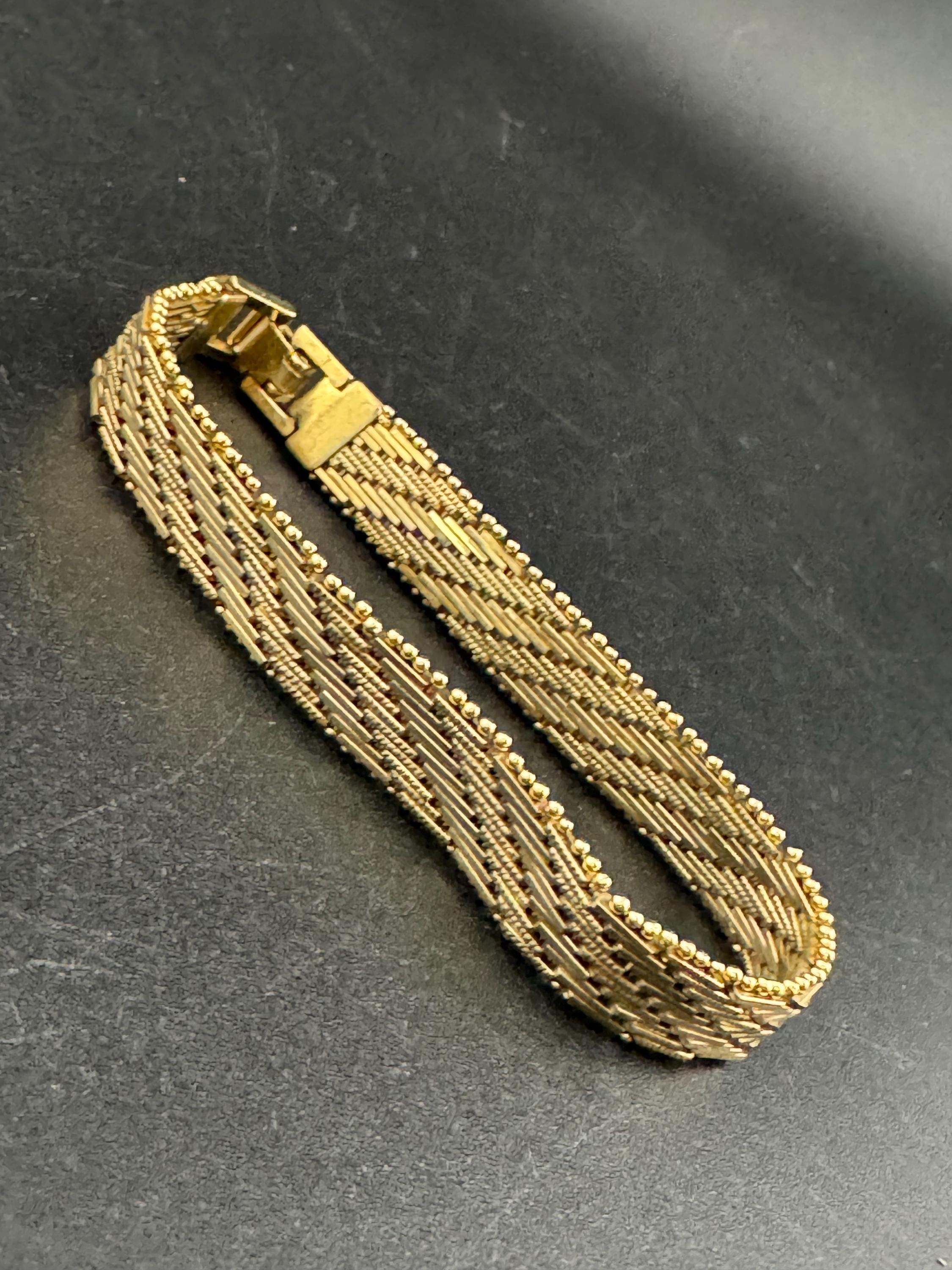 Vintage gold plated modernist slim flat textured articulated bracelet 19.5 x 1cm