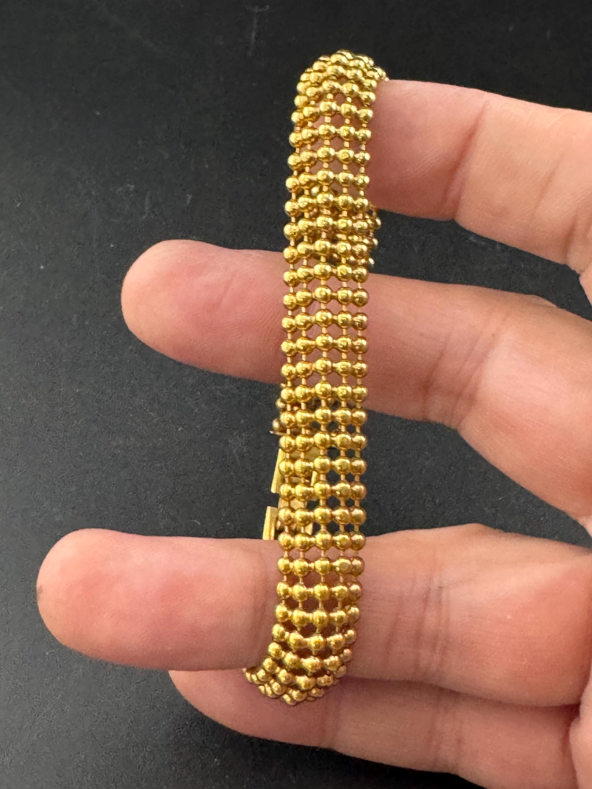 Retro 1970s gold plated articulated textured mesh articulated ball bead bracelet 29.5cm x 1cm