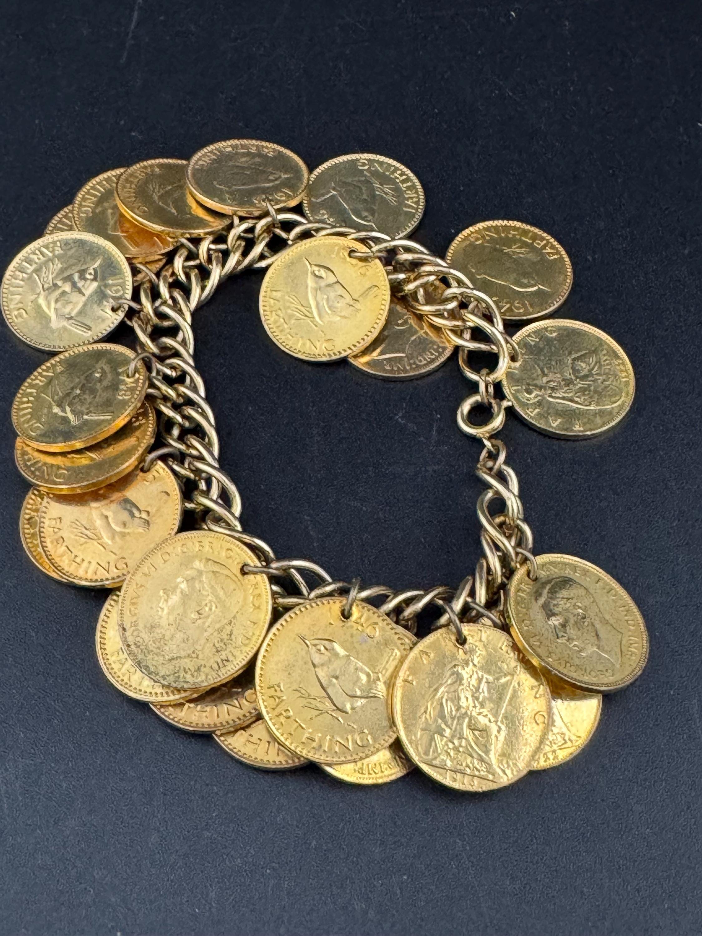 vintage oversized fully loaded farthing Gold tone coin charm bracelet 19cm