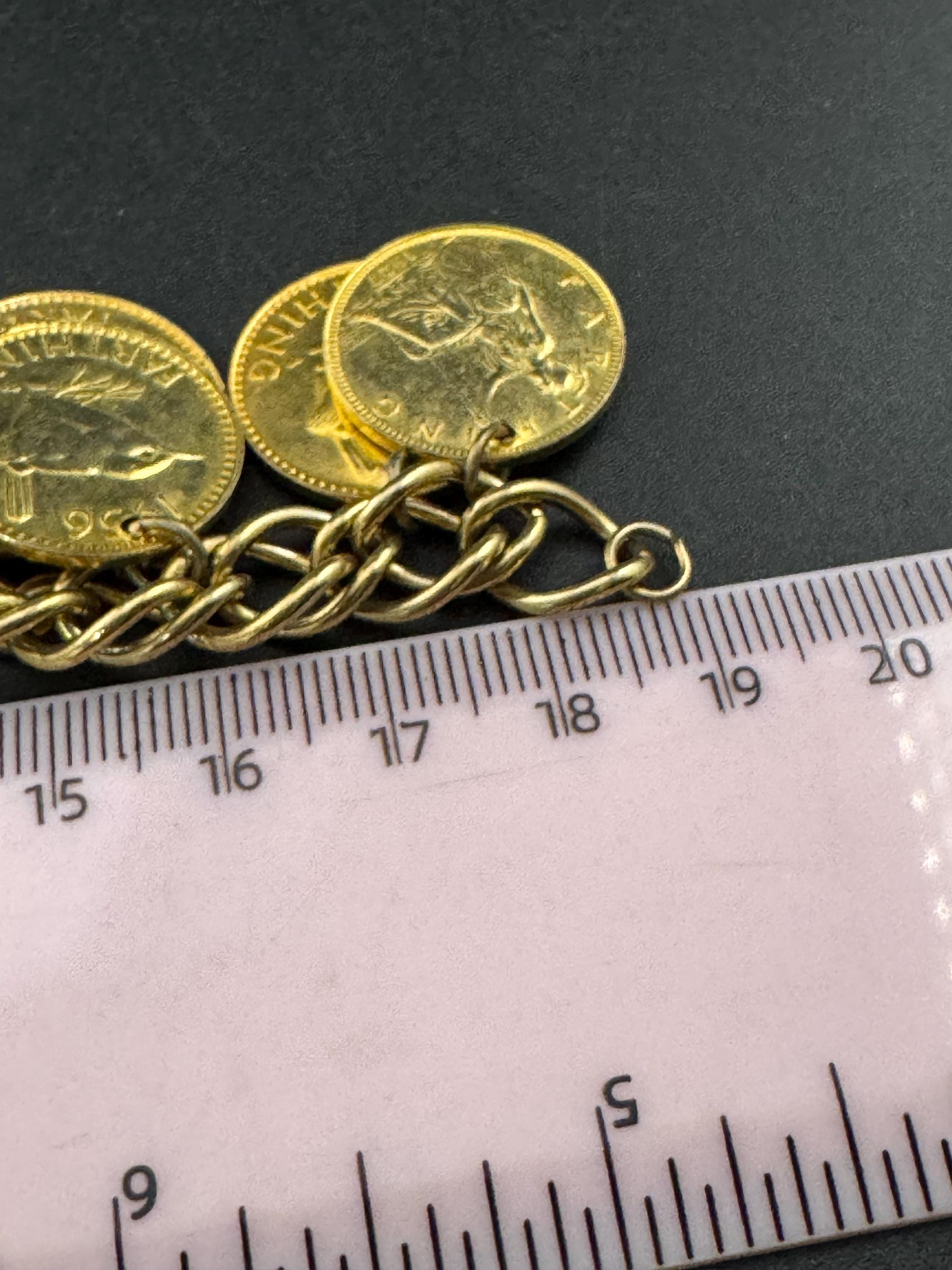 vintage oversized fully loaded farthing Gold tone coin charm bracelet 19cm
