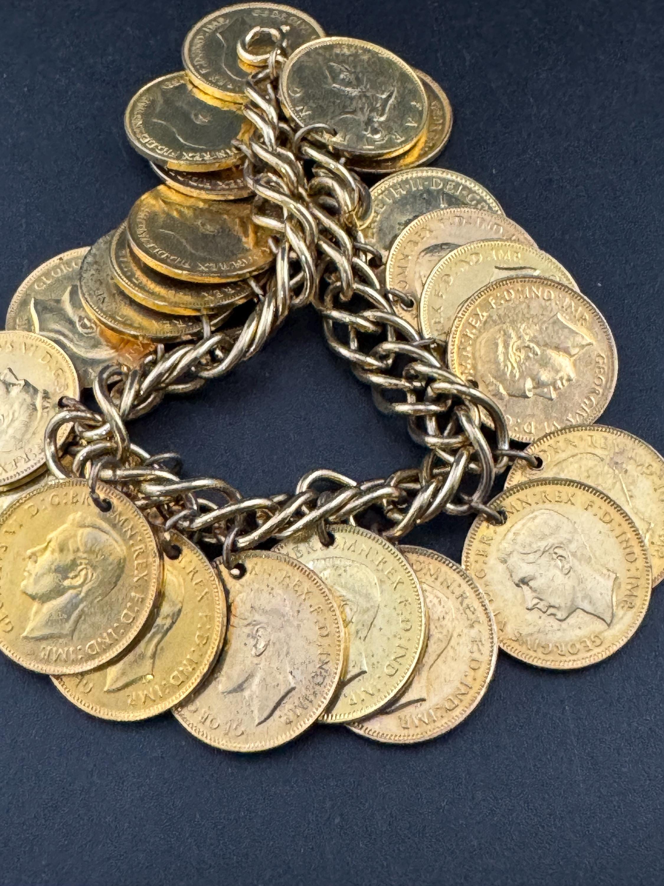 vintage oversized fully loaded farthing Gold tone coin charm bracelet 19cm