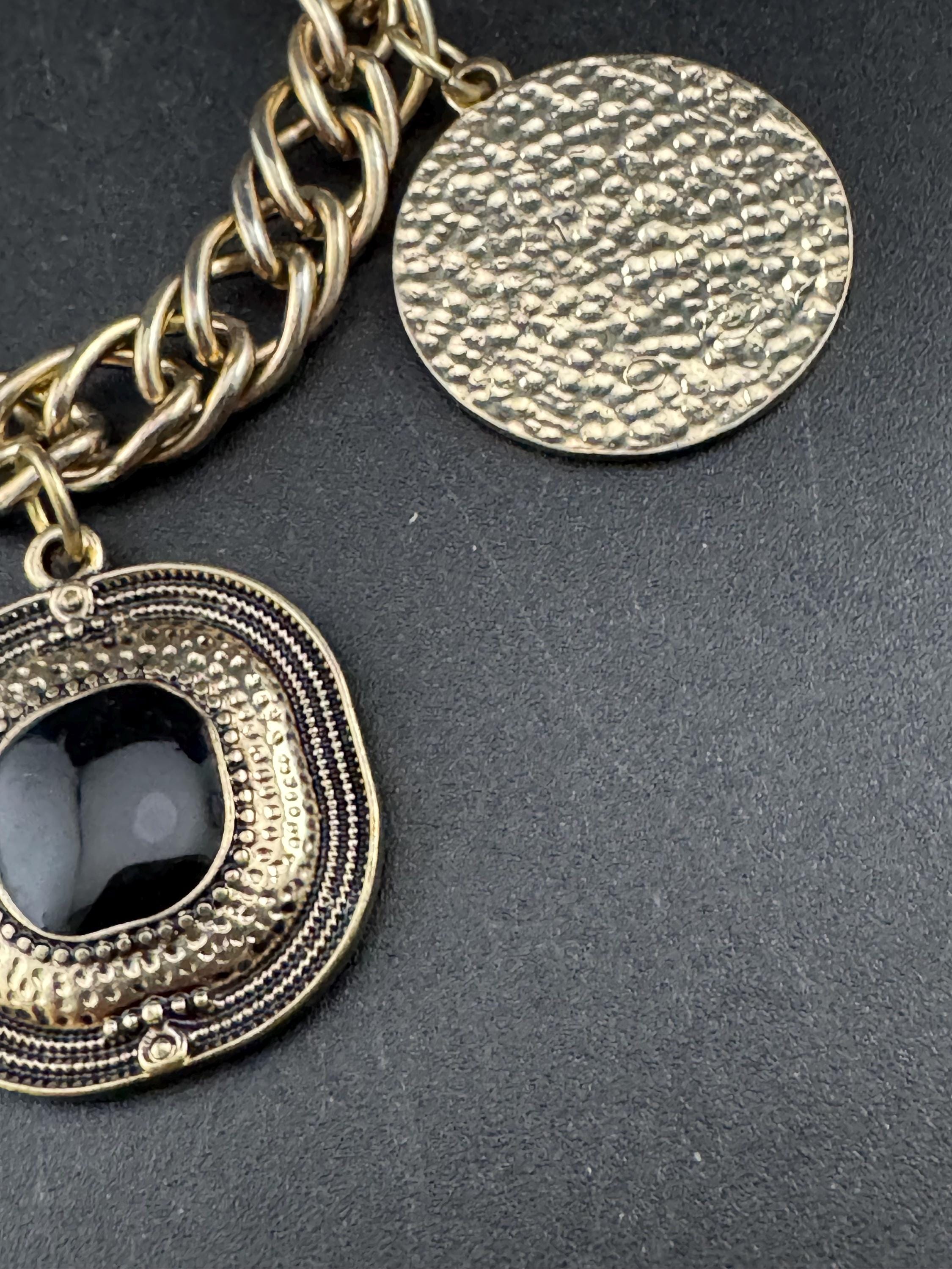 Retro 1990s oversized Gold tone coin disc cabochon dangly charm bracelet 19.5cm