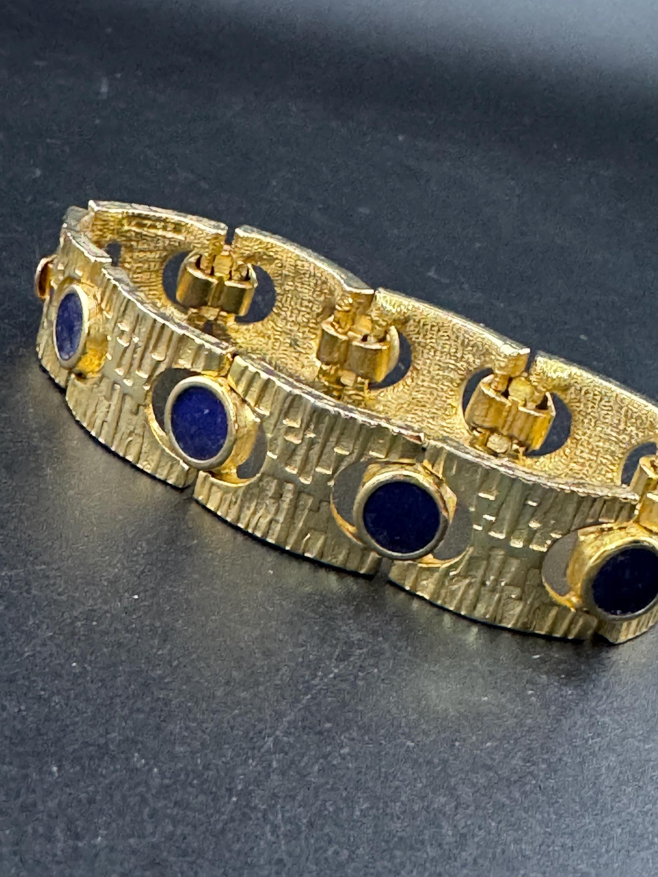 Vintage gold tone modernist gold plated blue enamel abstract brutalist chunky panel chain link bracelet 18cm