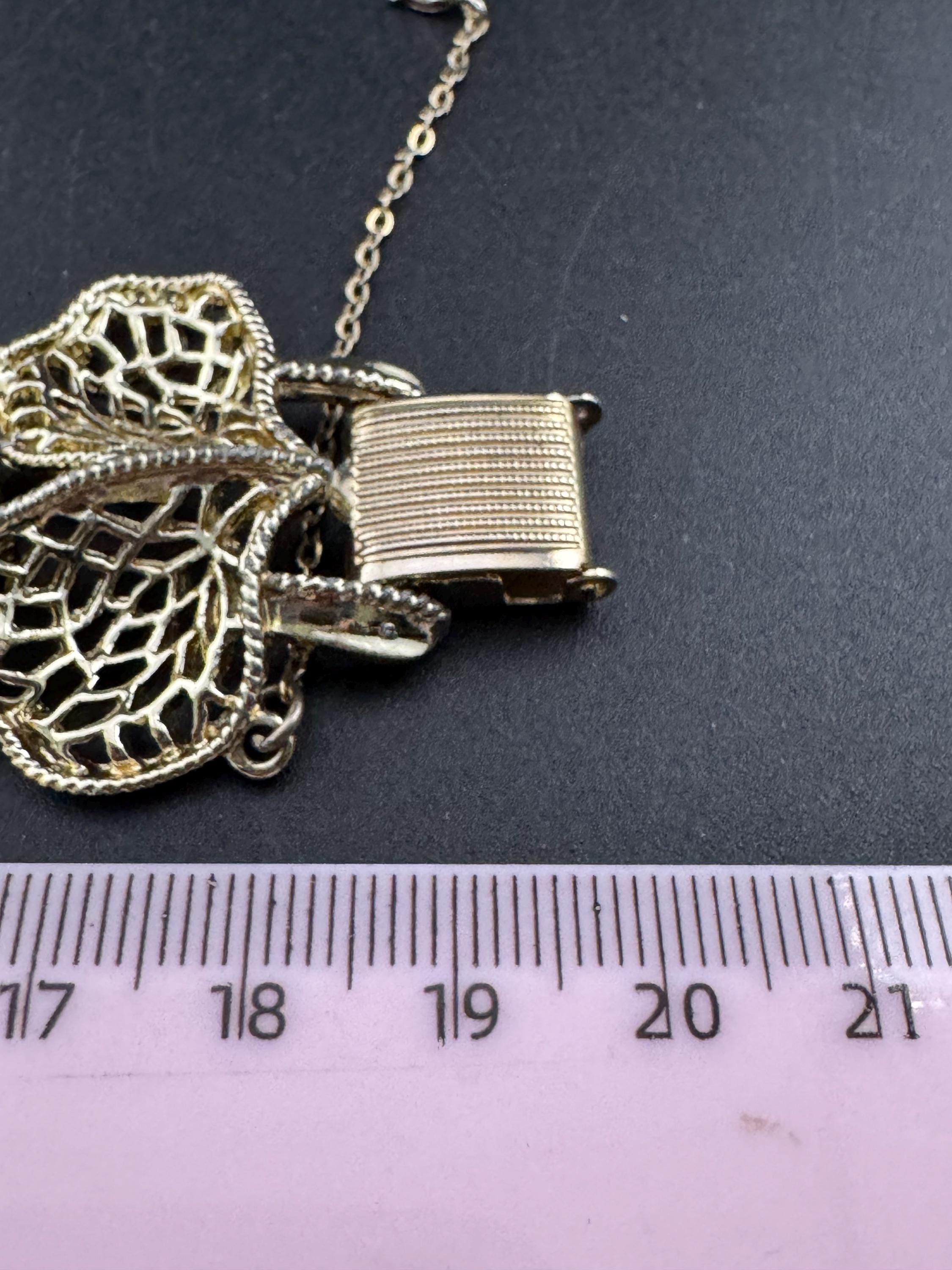 Mid century vintage very wide gold tone floral leaf bracelet,  panel link openwork with safety chain