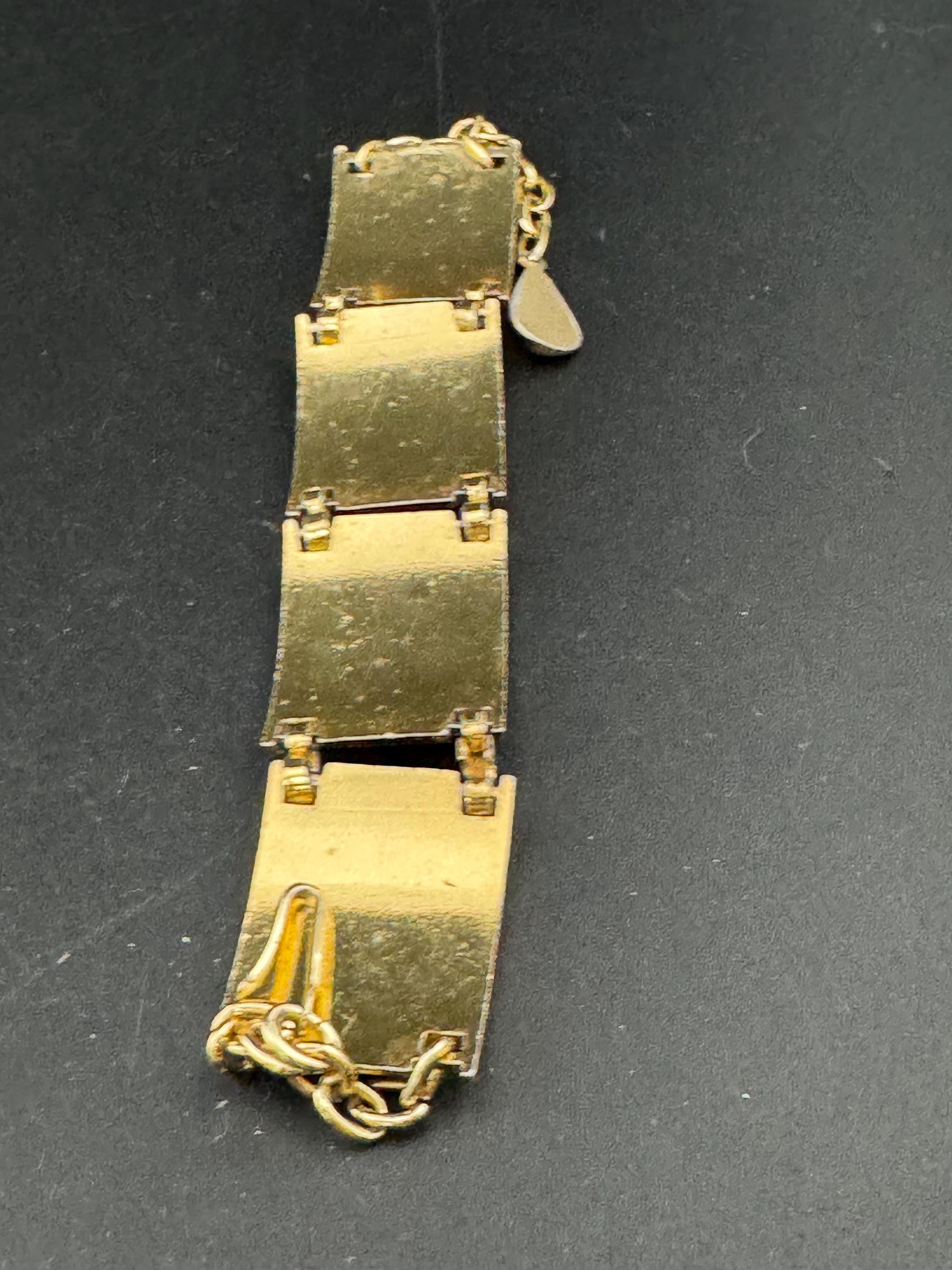 Vintage gold Tone cream enamel floral panel link bracelet lightweight aluminium Eloxal