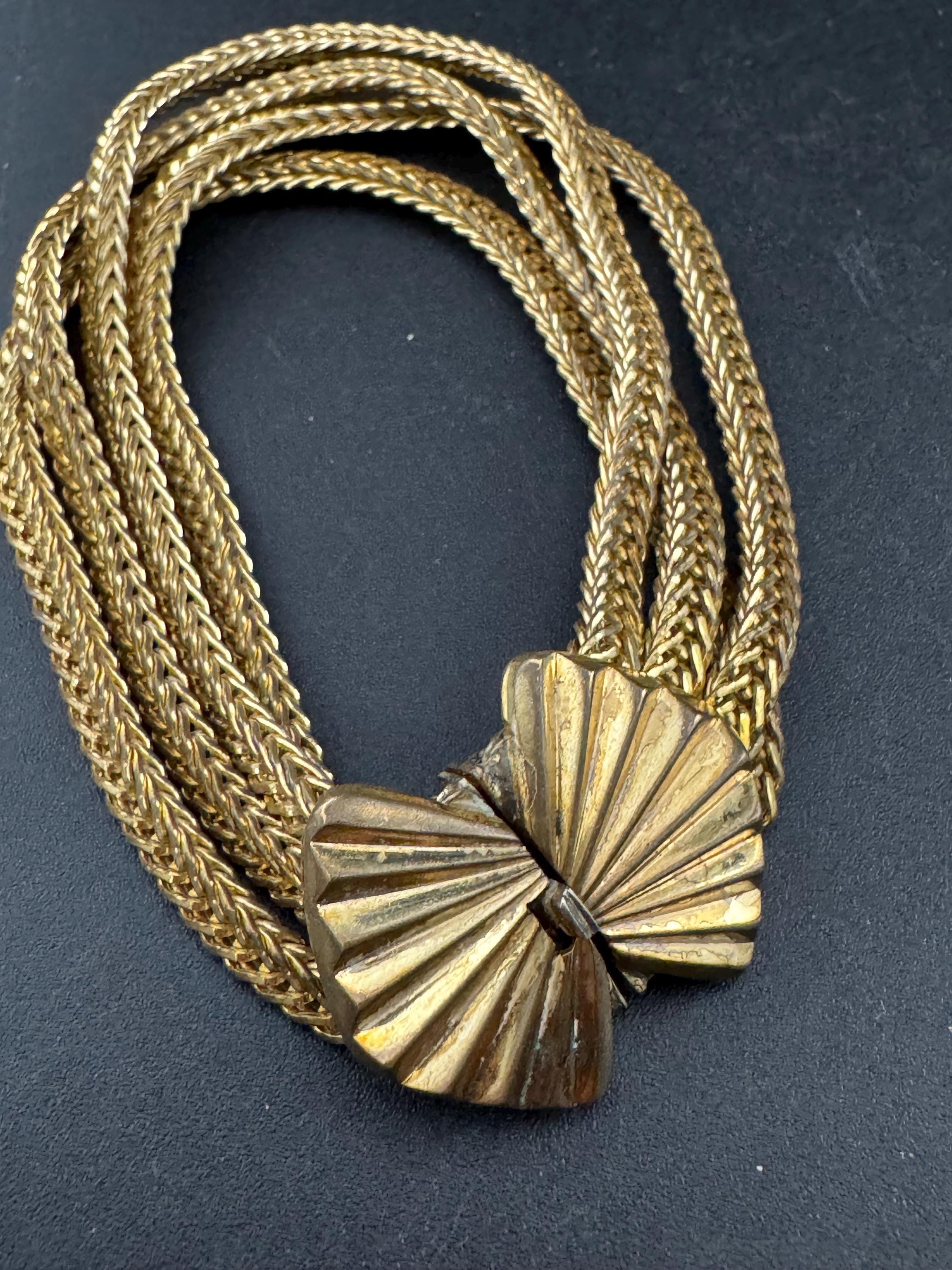 Art deco 1920s antique gold brass metal Multistrand geometric foxtail chain bracelet 19cm x 2.5cm