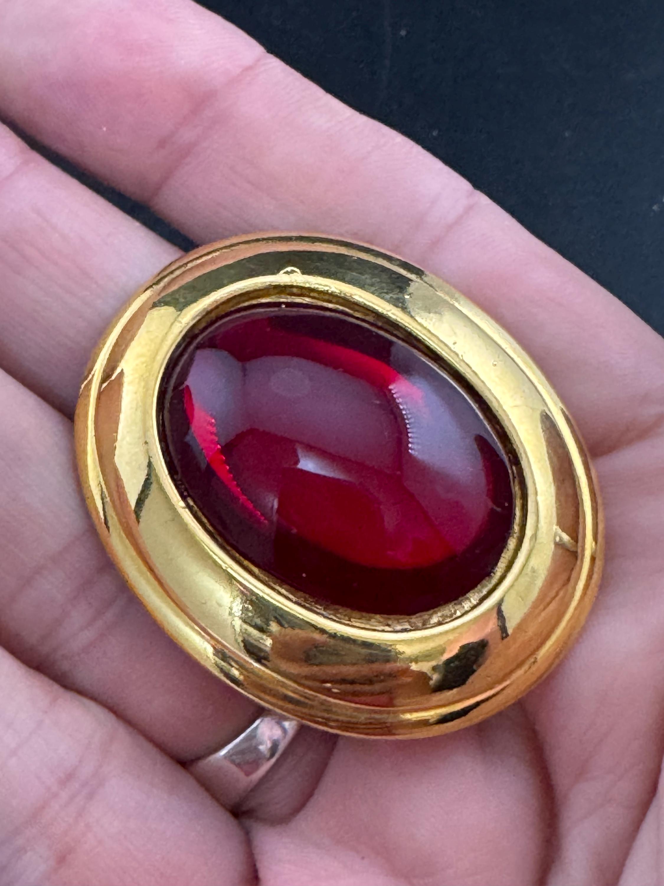 vintage signed Napier Ruby red glass cabochon oval brooch 5cm 1980s