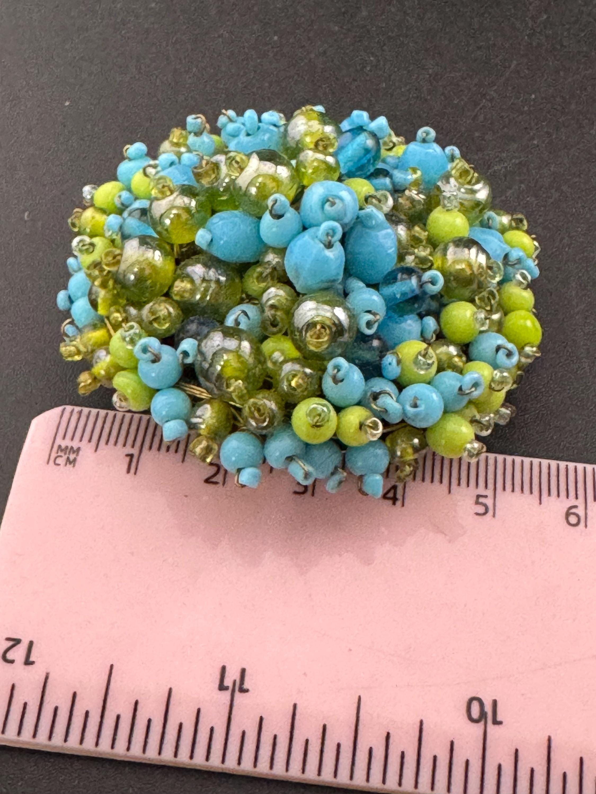 vintage large domed turquoise and lime green beaded round brooch, gold tone