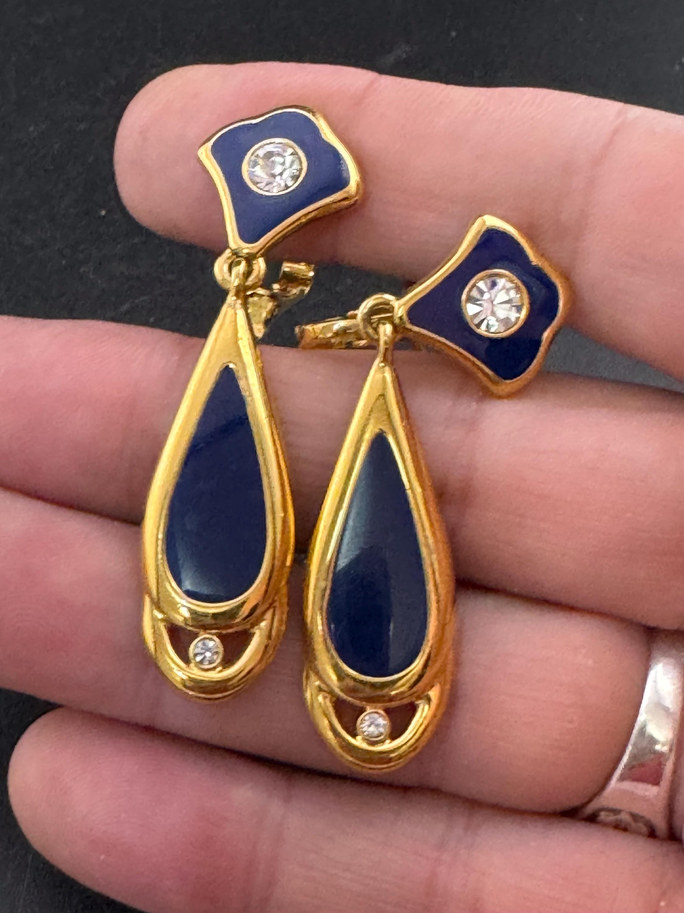 Vintage Bergdorf Goodman Clip On Earrings: Blue Enamel Gold Tone