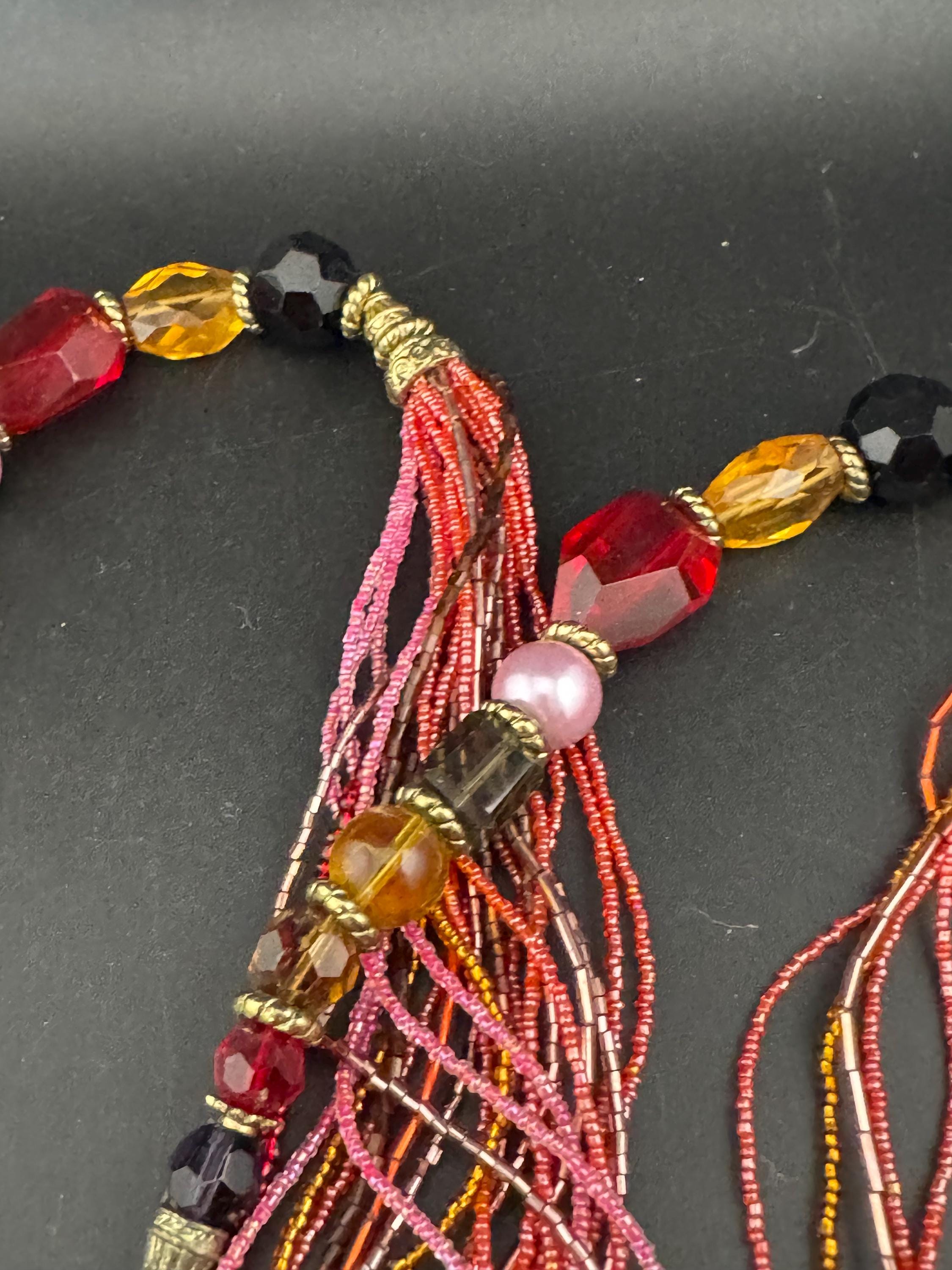 Vintage Pink & Red Seed Bead Waterfall Necklace: Chunky Glass Beads