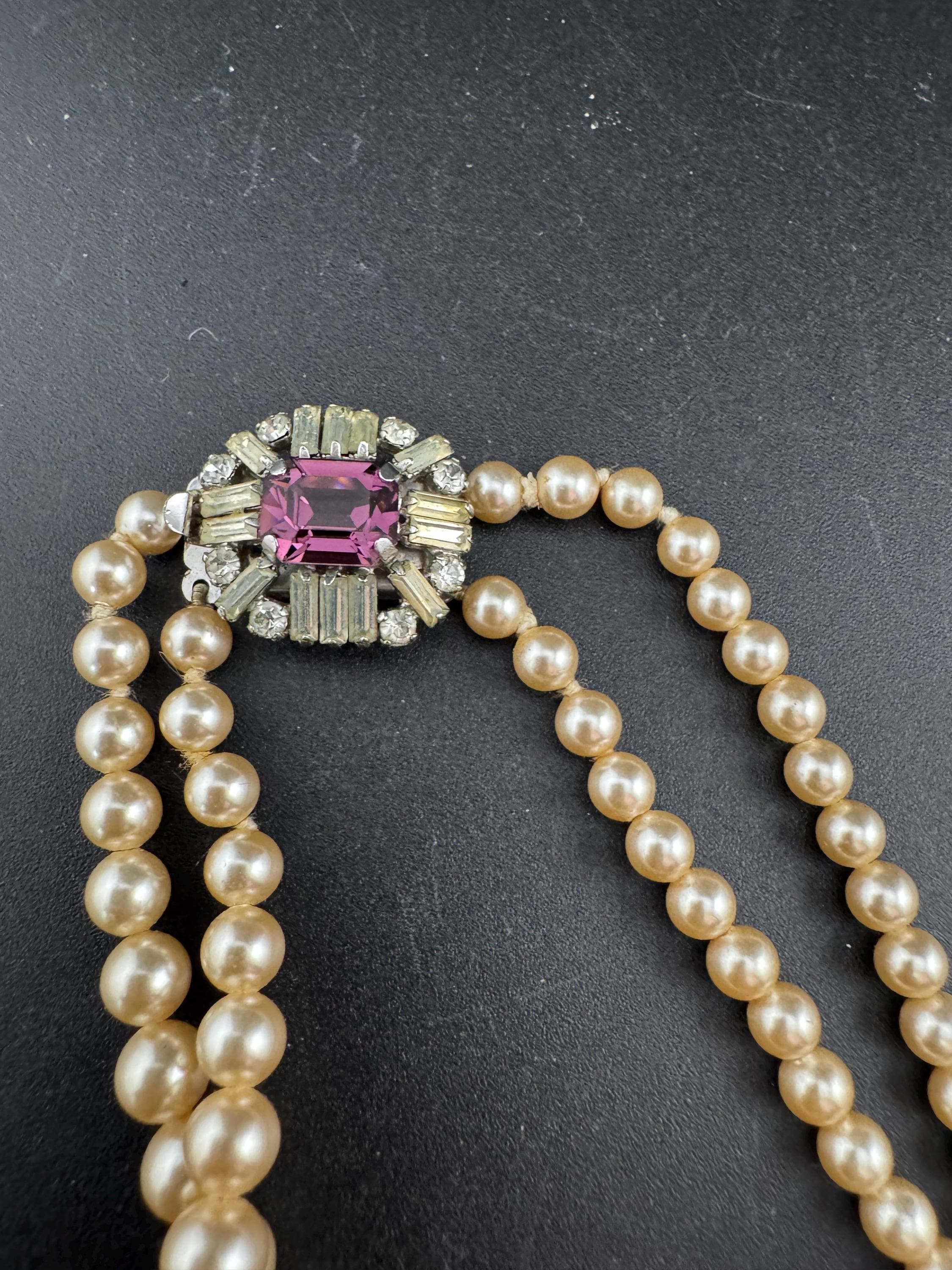 Vintage faux glass pearl necklace with pink rhinestone side clasp, 2 row