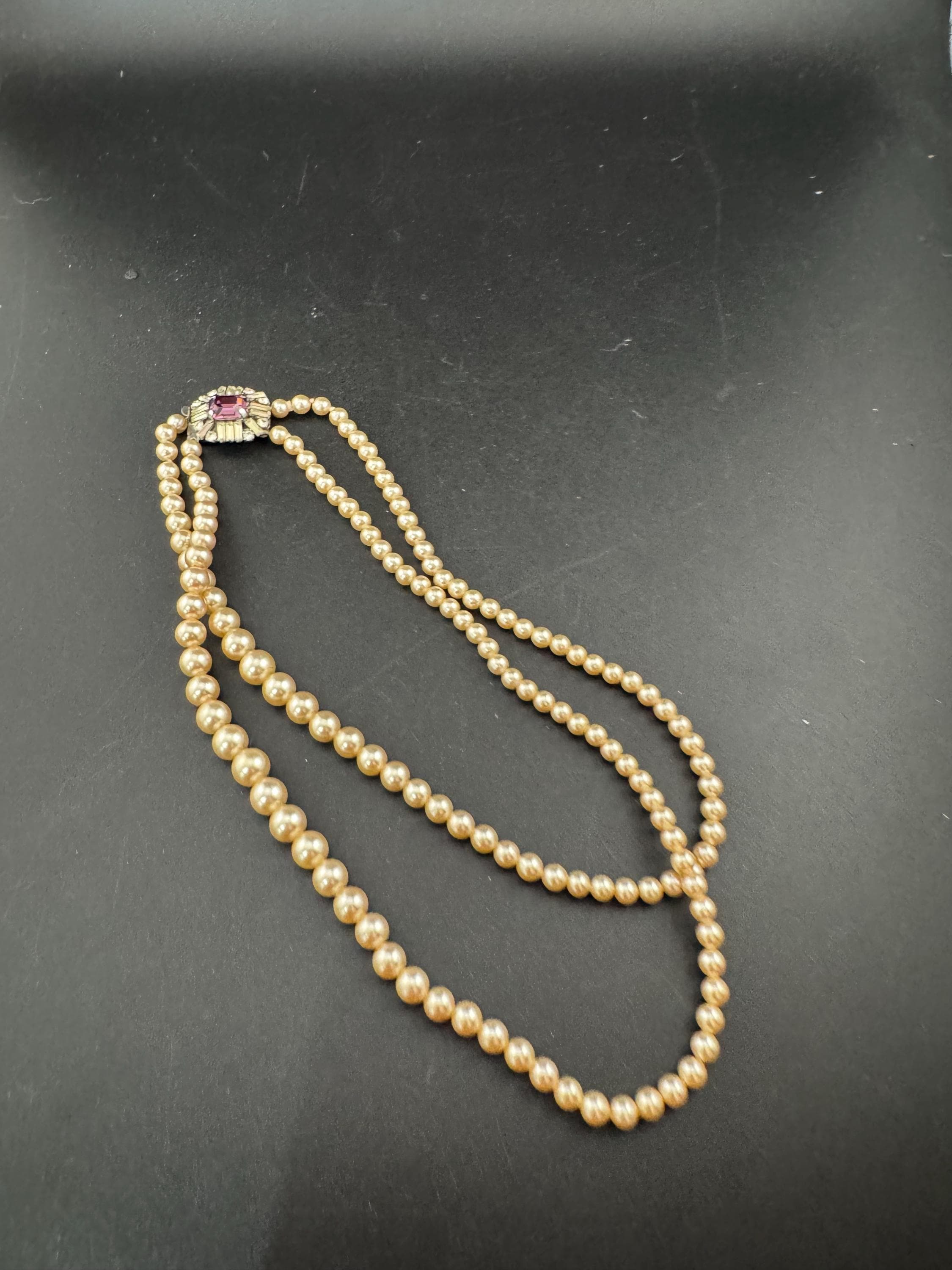 Vintage faux glass pearl necklace with pink rhinestone side clasp, 2 row