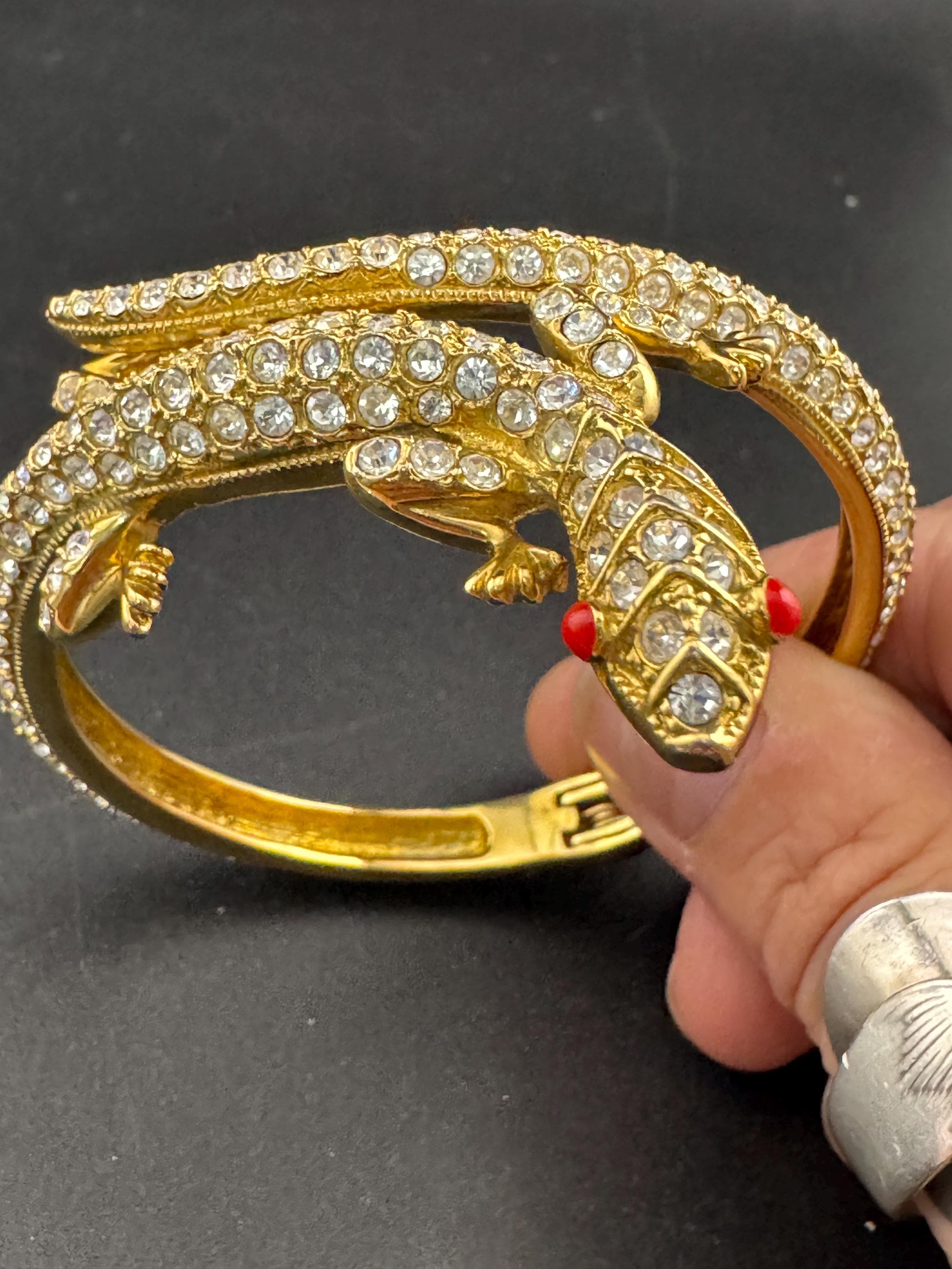 Vintage clear rhinestone encrusted lizard clamper Bangle bracelet with red beaded eyes
