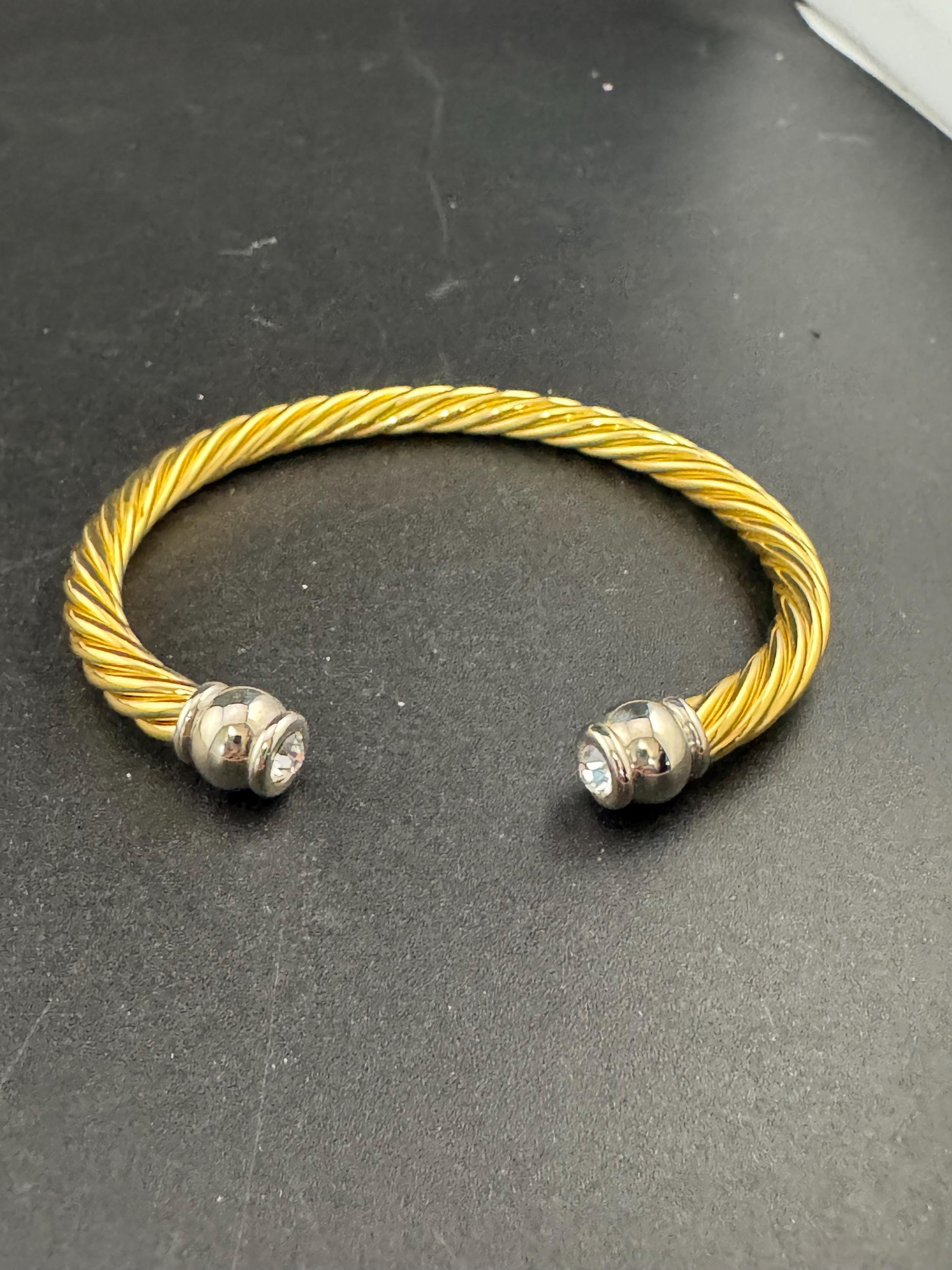 Retro high end clear crystal ended torque bangle Etruscan style, gold and silver tone