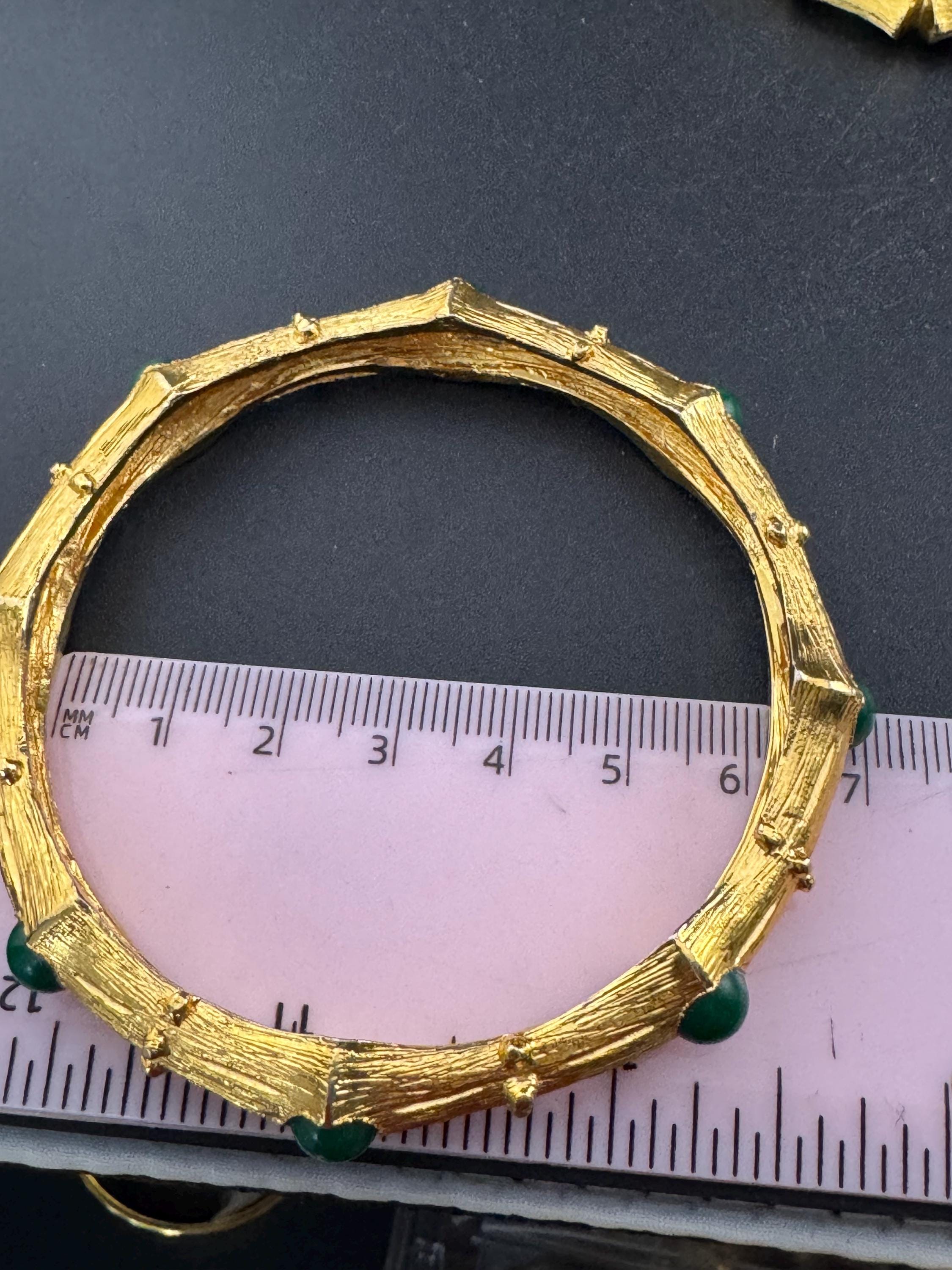Vintage Chinese BAMBOO gold tone fixed bangle bracelet set with green cabochons