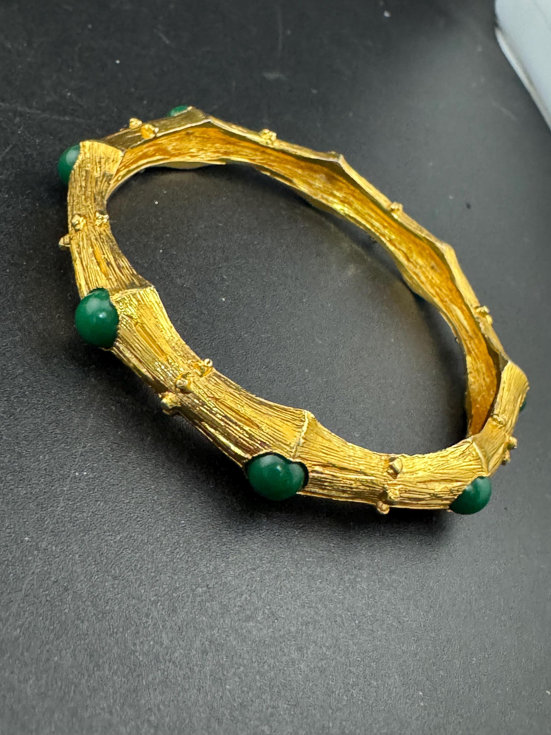 Vintage Chinese BAMBOO gold tone fixed bangle bracelet set with green cabochons
