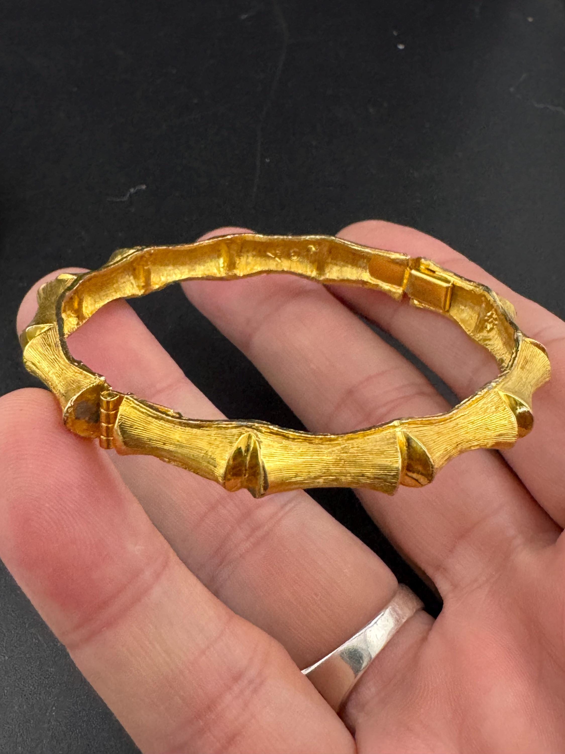 Vintage Chinese BAMBOO Matt gold tone clamper bangle bracelet 1970s 1980s
