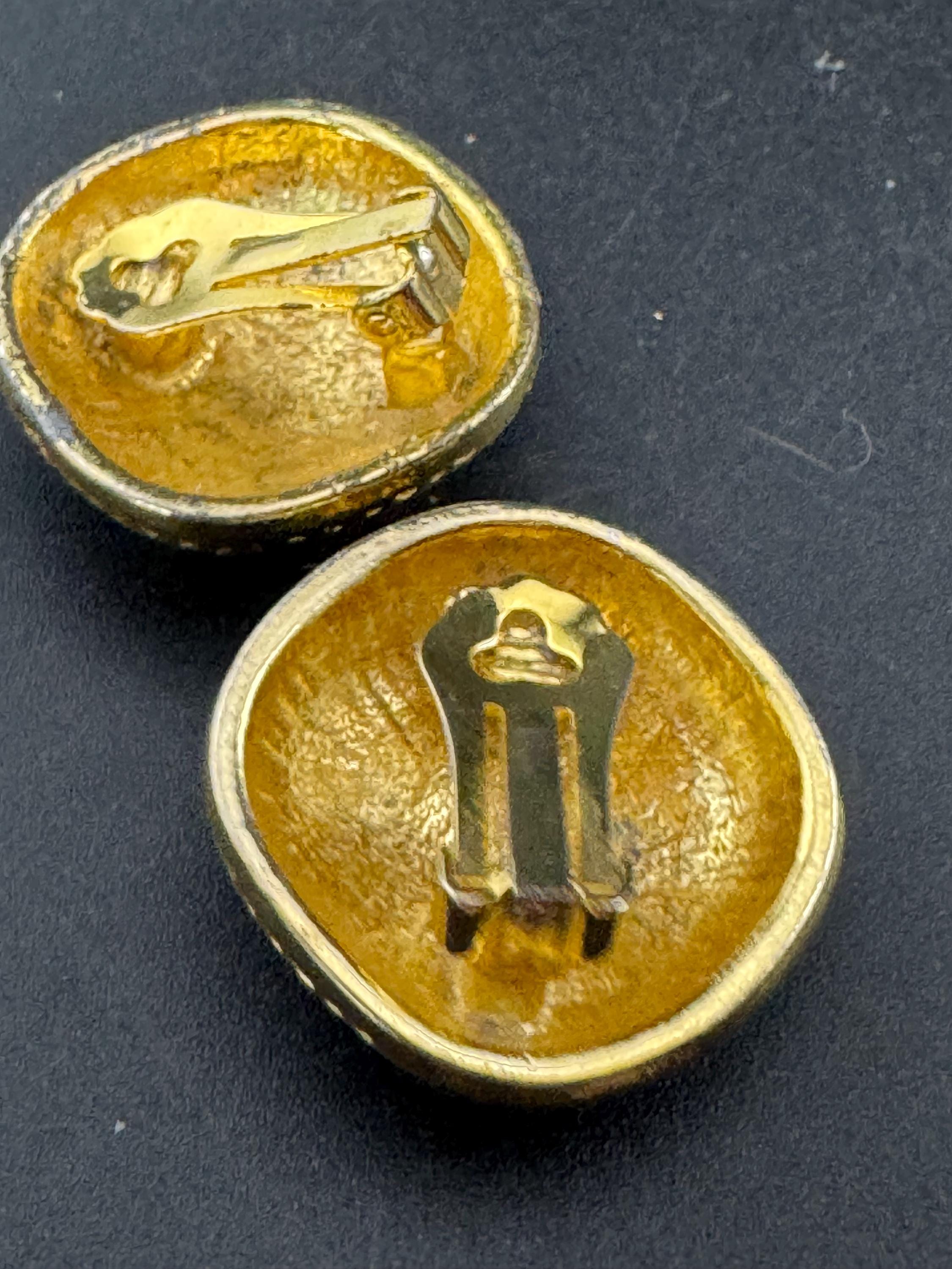 Vintage oversized blue and cream enamel gold tone clip on earrings