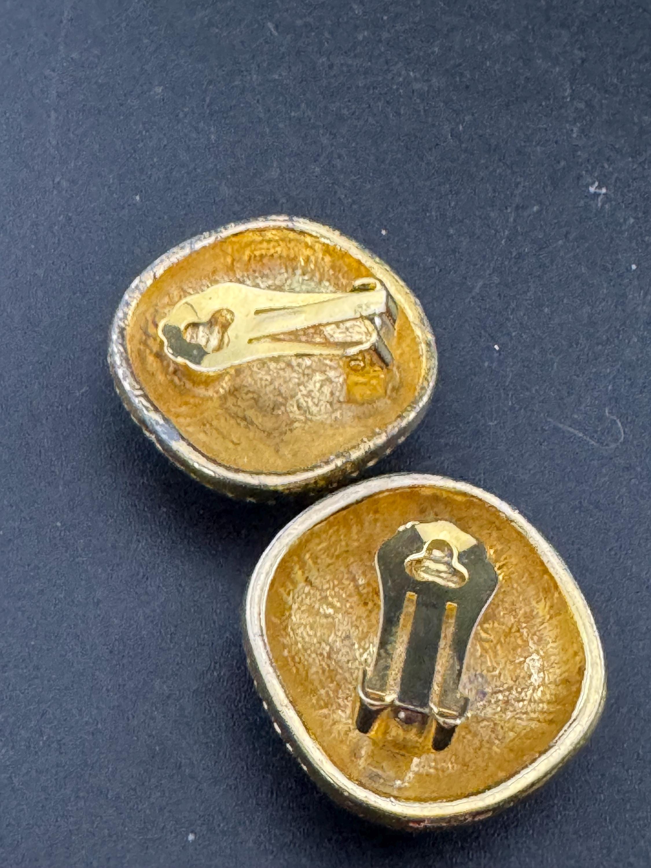 Vintage oversized blue and cream enamel gold tone clip on earrings