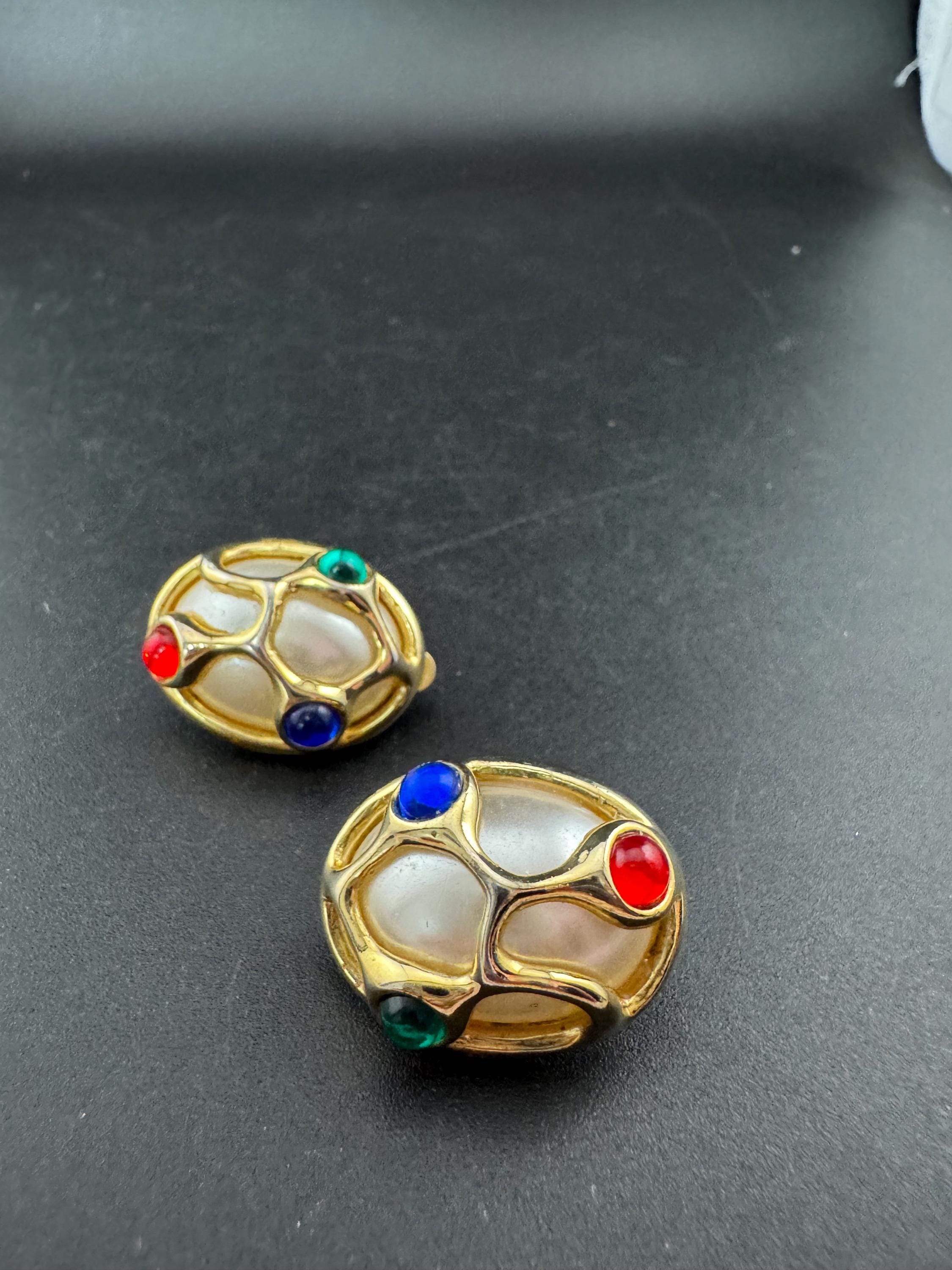 Vintage Gripoix Style Clip On Earrings: Red, Green, Blue Cabochons