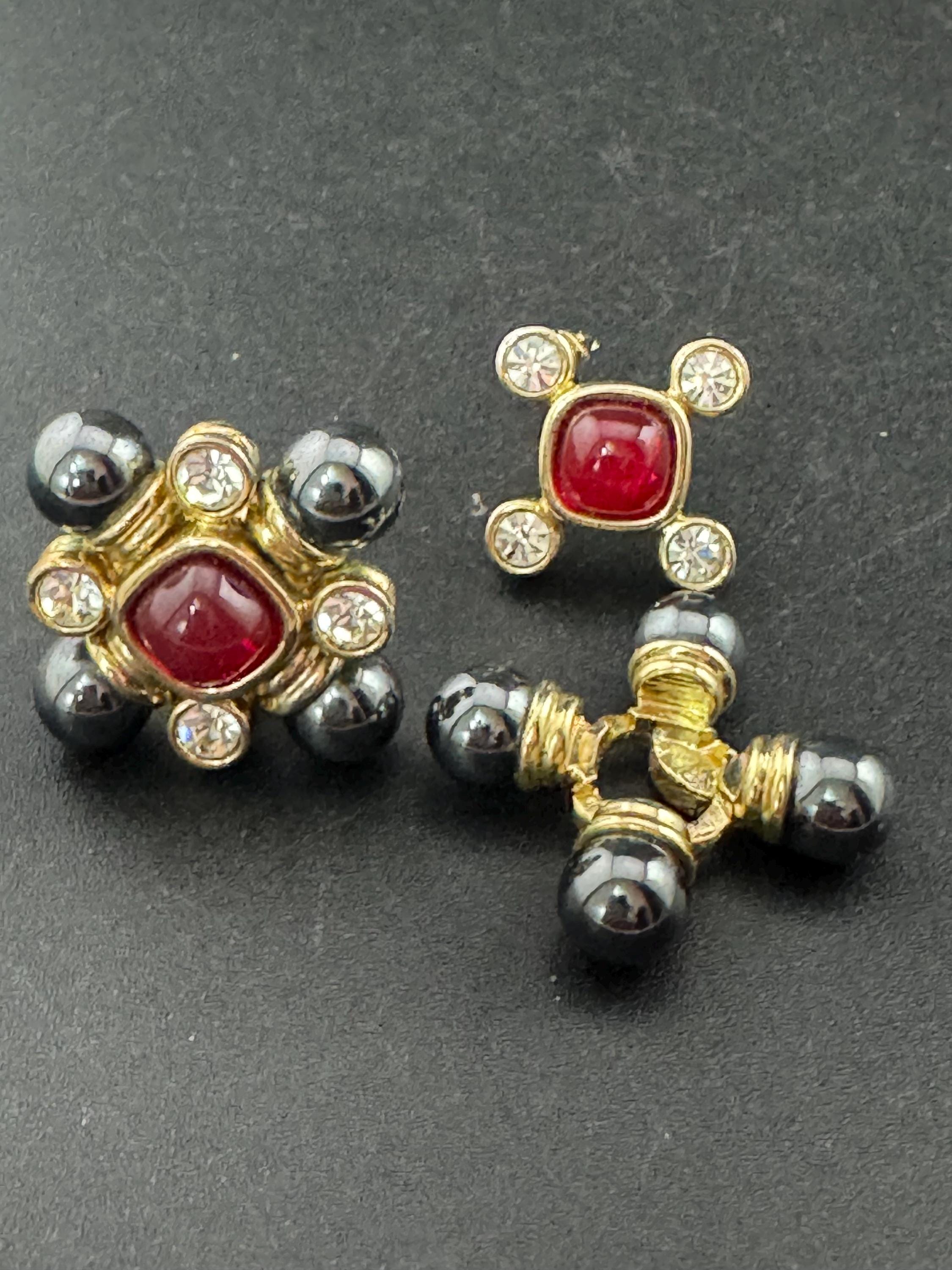 Vintage 1980s Cross Clip On Earrings: Grey Pearl, Red Cabochon, Diamanté, Gold Plated