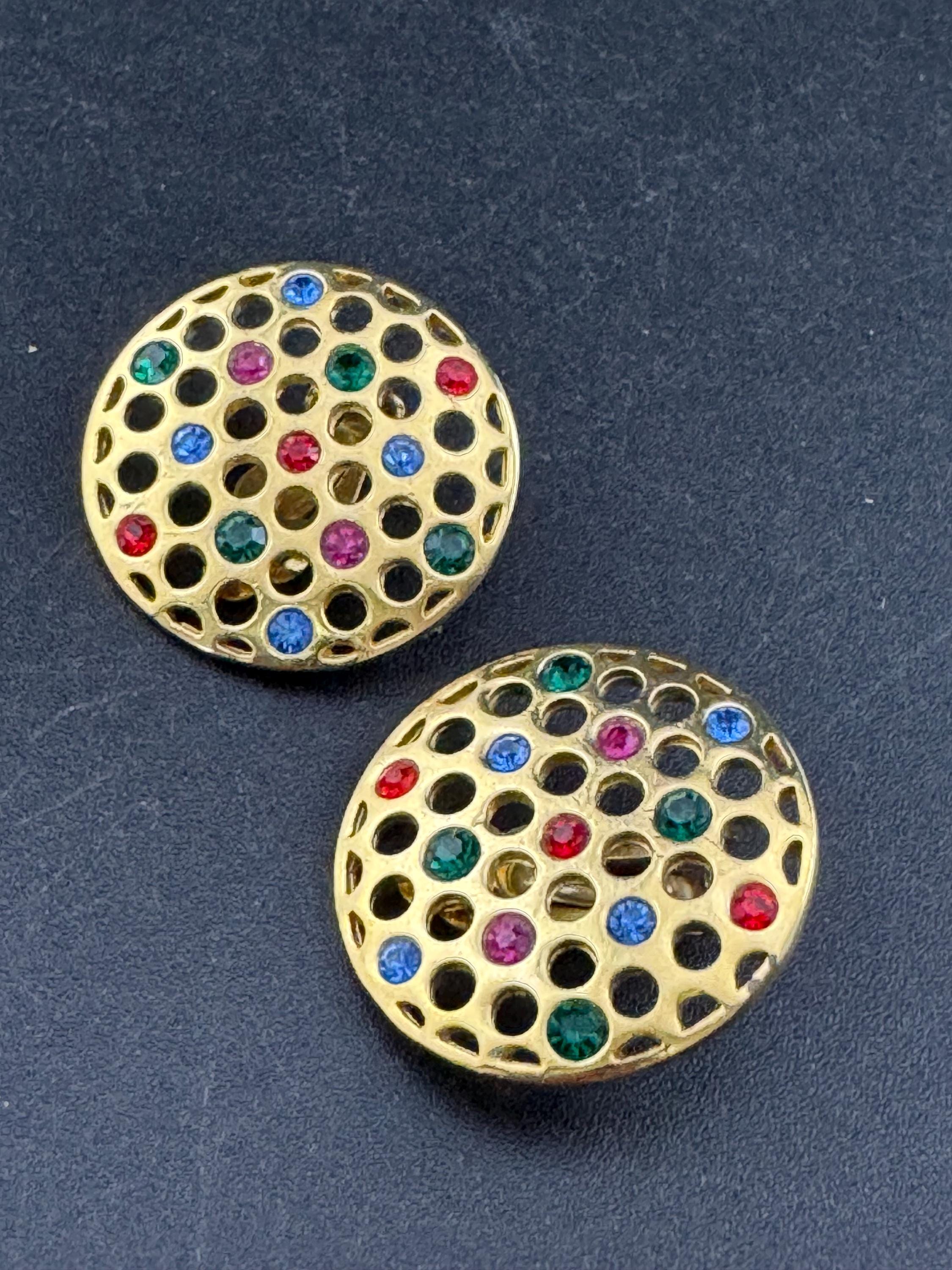 Vintage rainbow diamanté round disc clip on earrings, gold tone crystal set