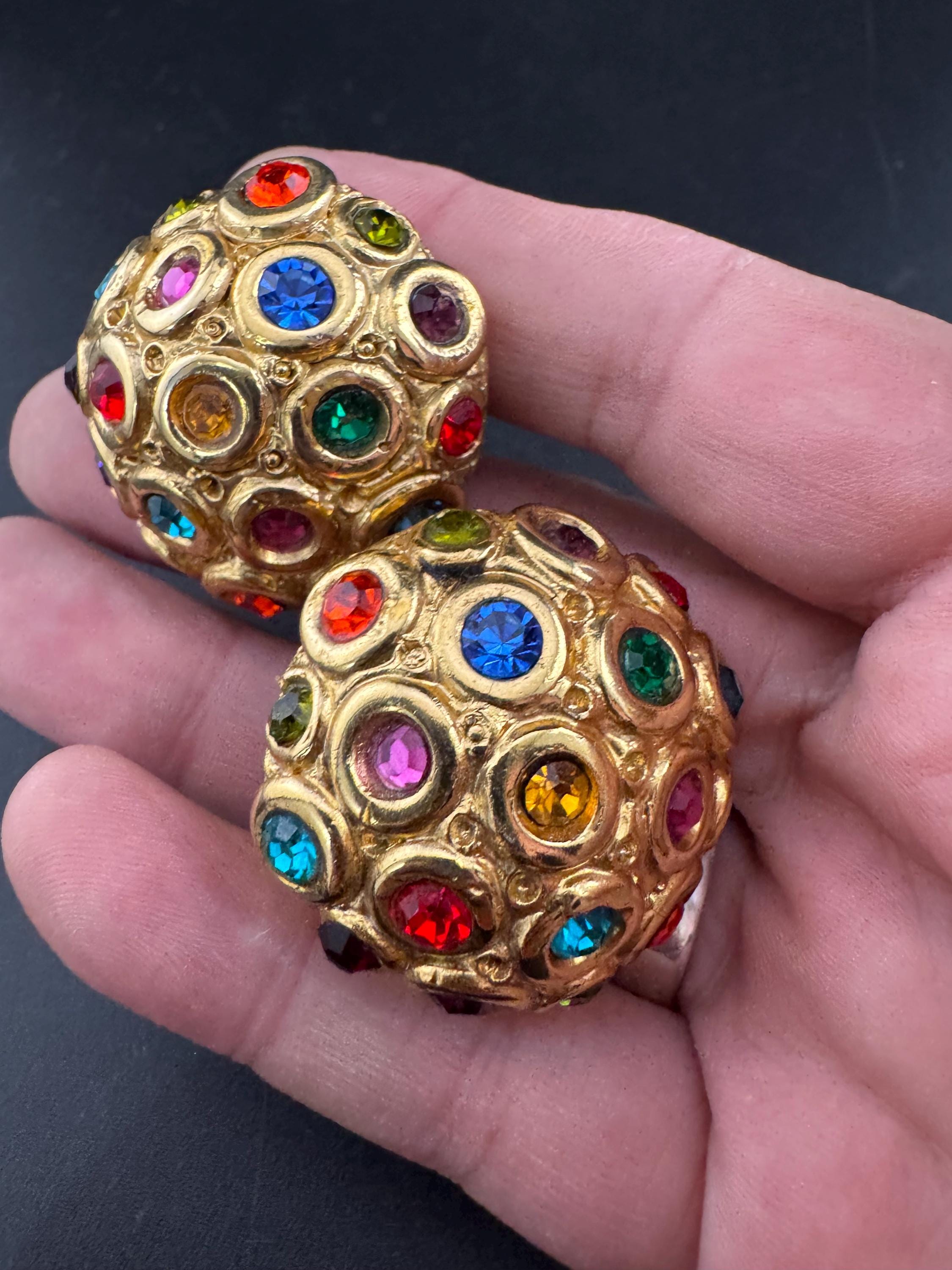 Jacky de G Diamanté domed Clip On Earrings: Oversized Gold Tone