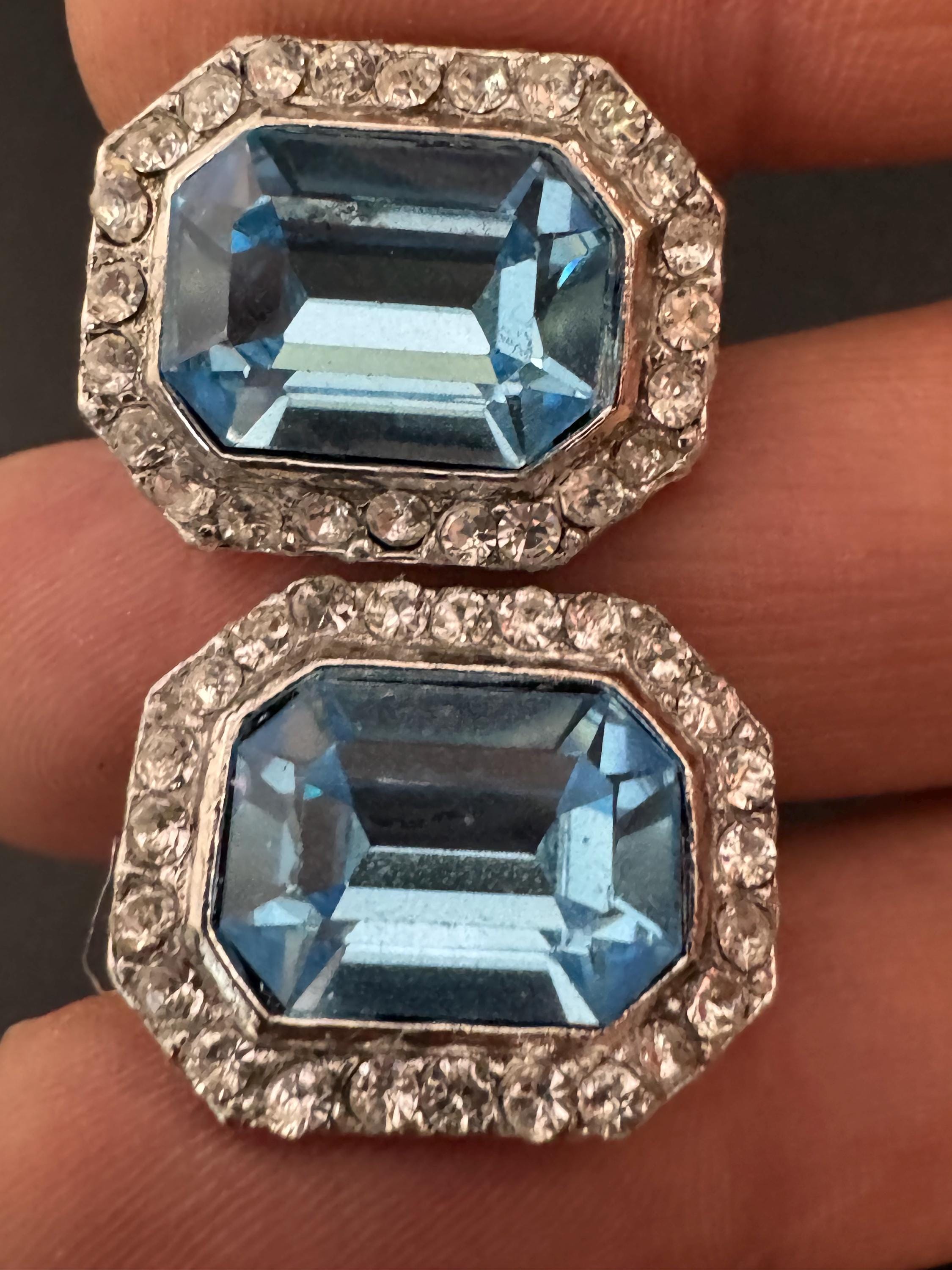 2cm clear and light sapphire blue Swarovski crystal octagon clip on earrings 1980s