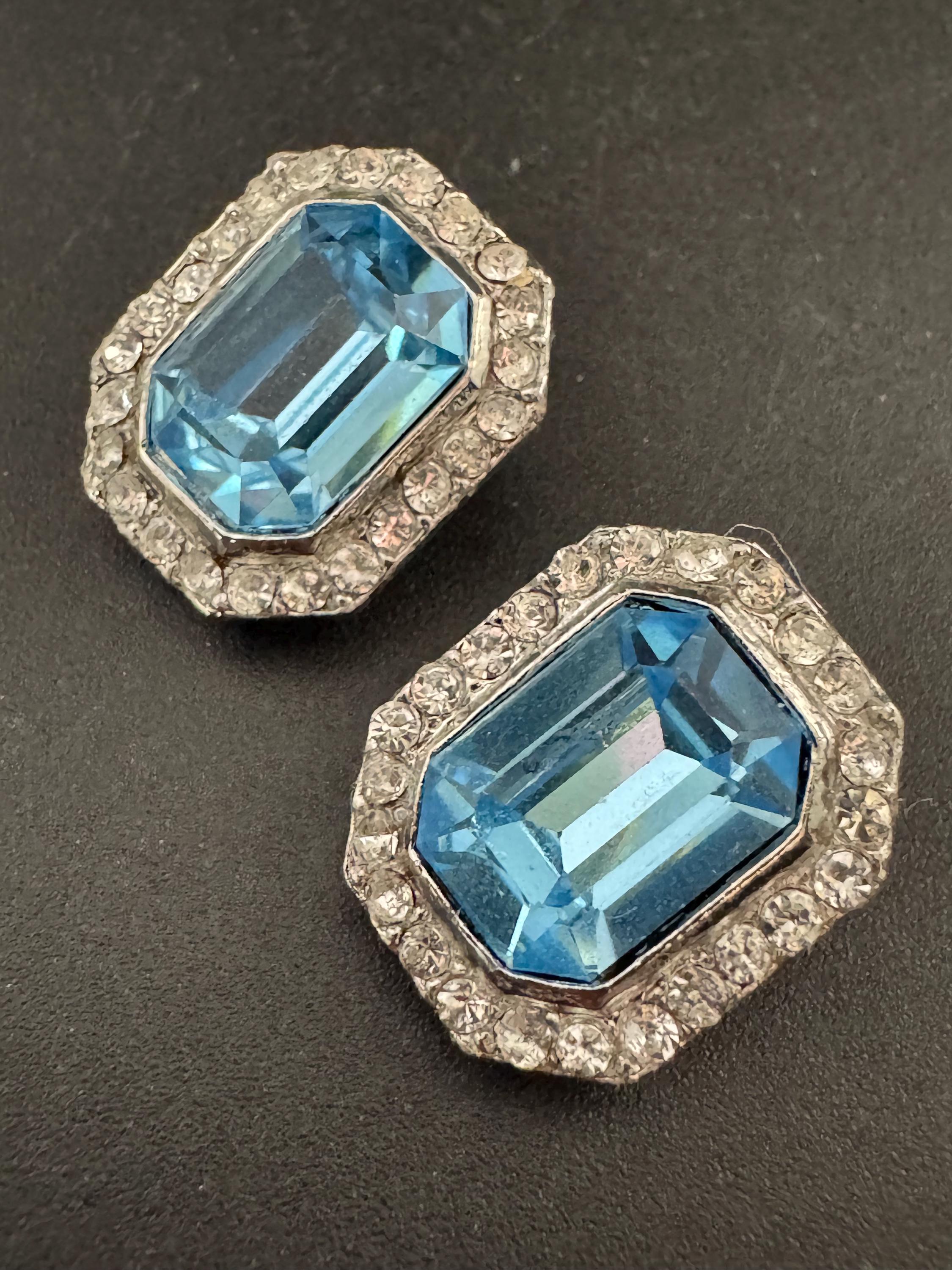 2cm clear and light sapphire blue Swarovski crystal octagon clip on earrings 1980s