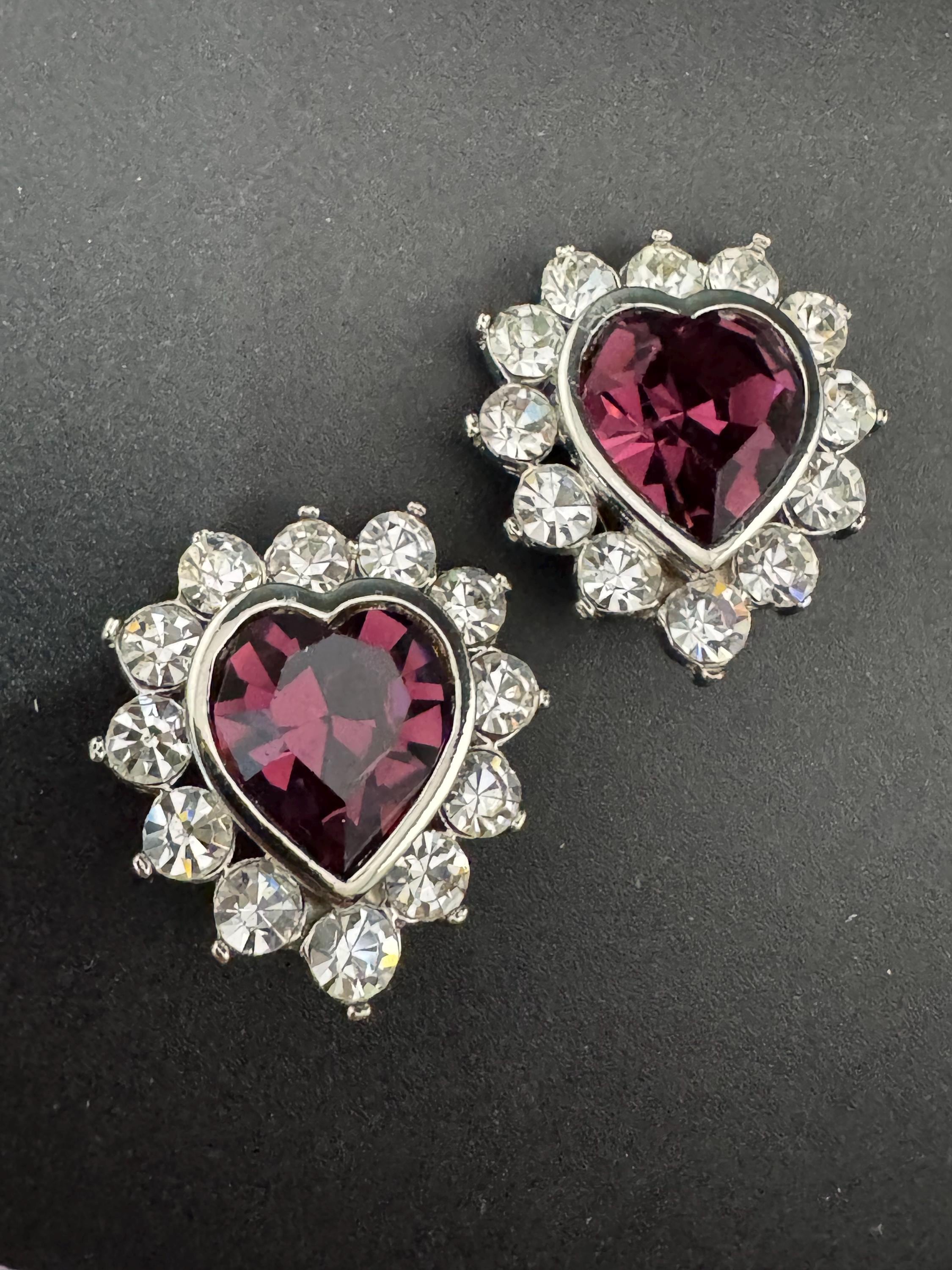 Vintage Oversized Swarovski Crystal Heart Stud Earrings: 1980s Silver Tone