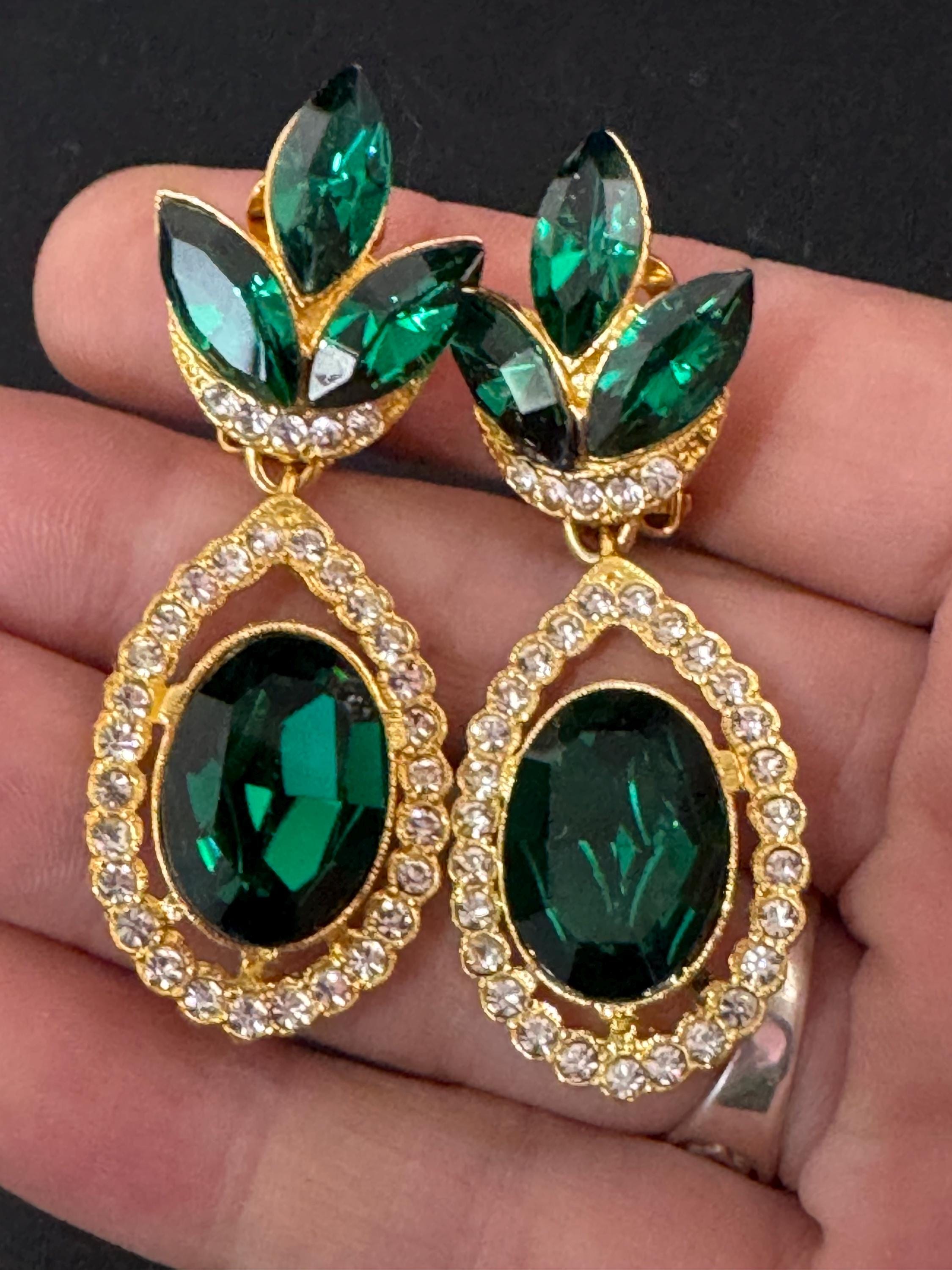 vintage oversized 5.5cm gold tone emerald green and Swarovski crystal dangly earrings