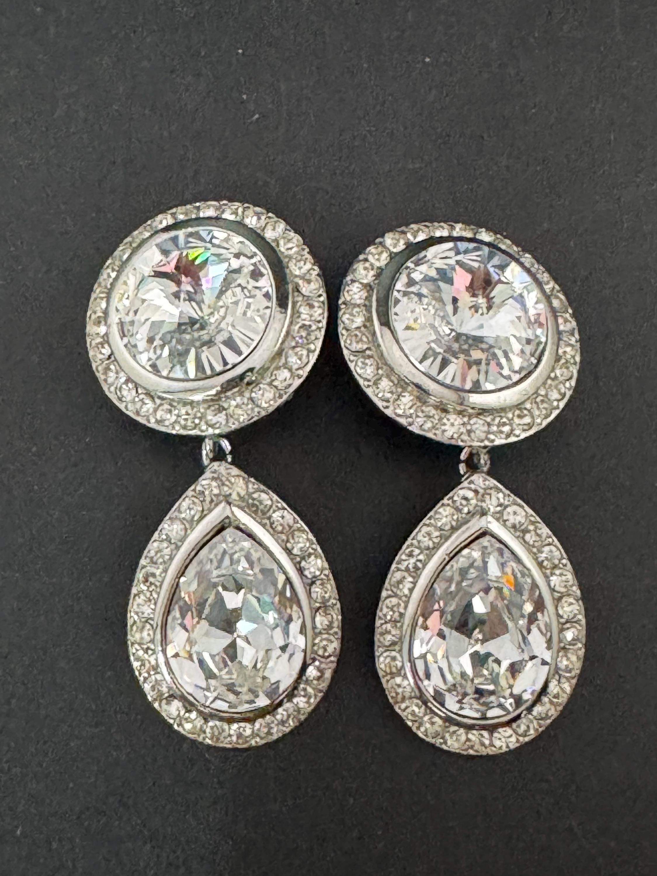 vintage oversized 6cm silver tone clear Rivoli Swarovski crystal teardrop dangly earrings