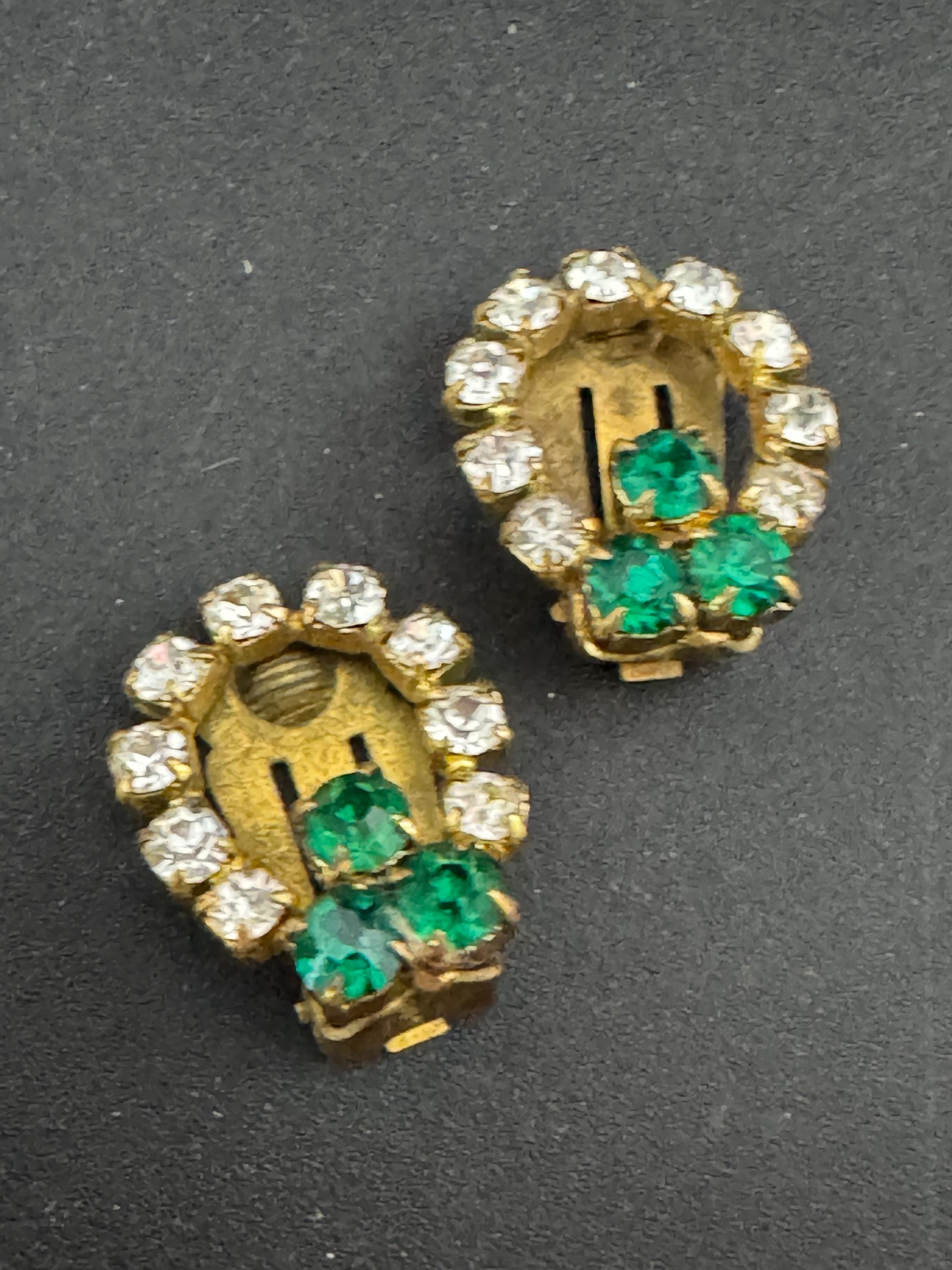 Vintage lucky shamrock clover Gold Tone Green glass diamanté Clip On Earrings, Emerald Rhinestone studs