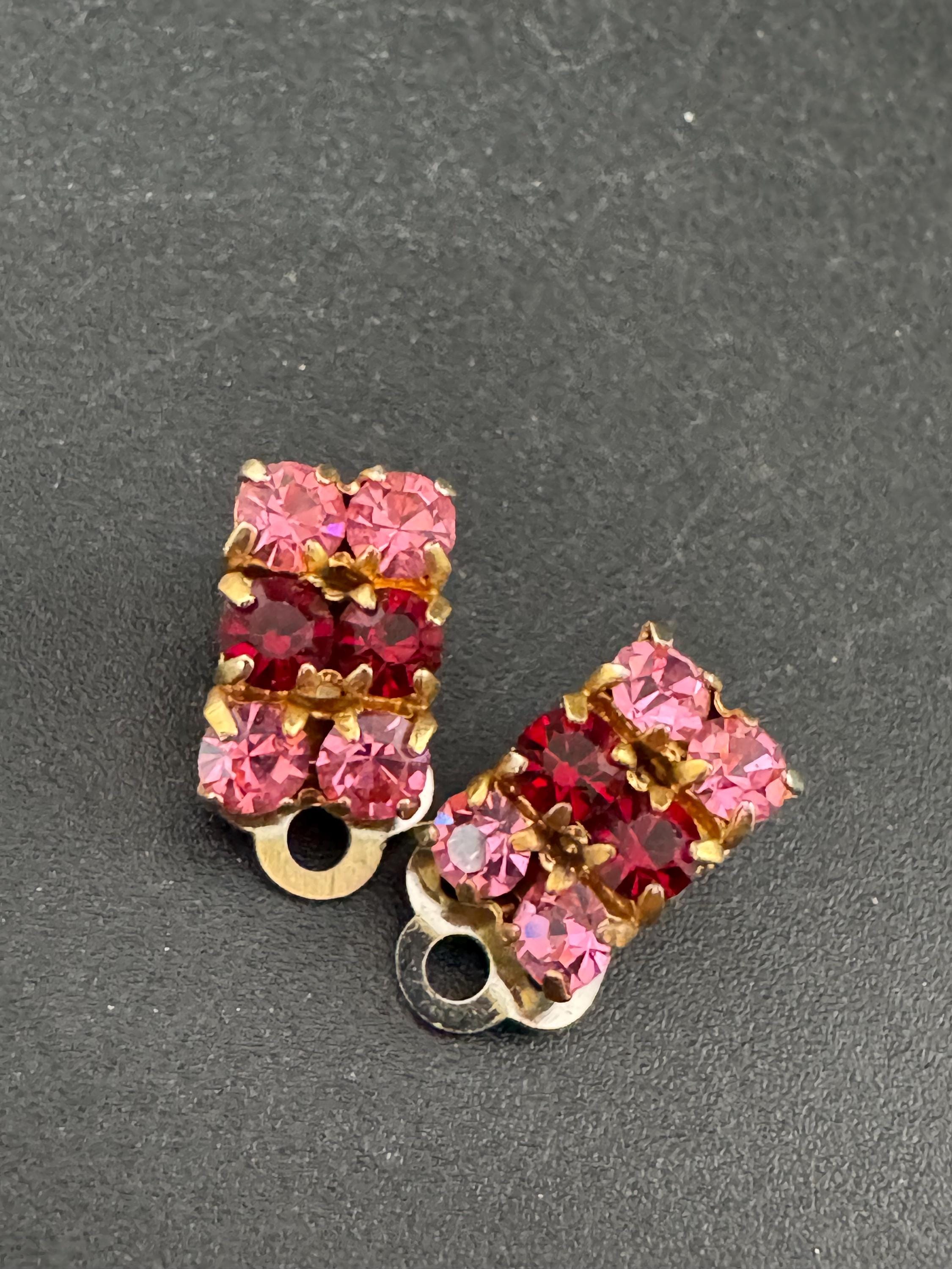 Vintage Pink Rhinestone small Clip On Stud Earrings Mid Century 1950s