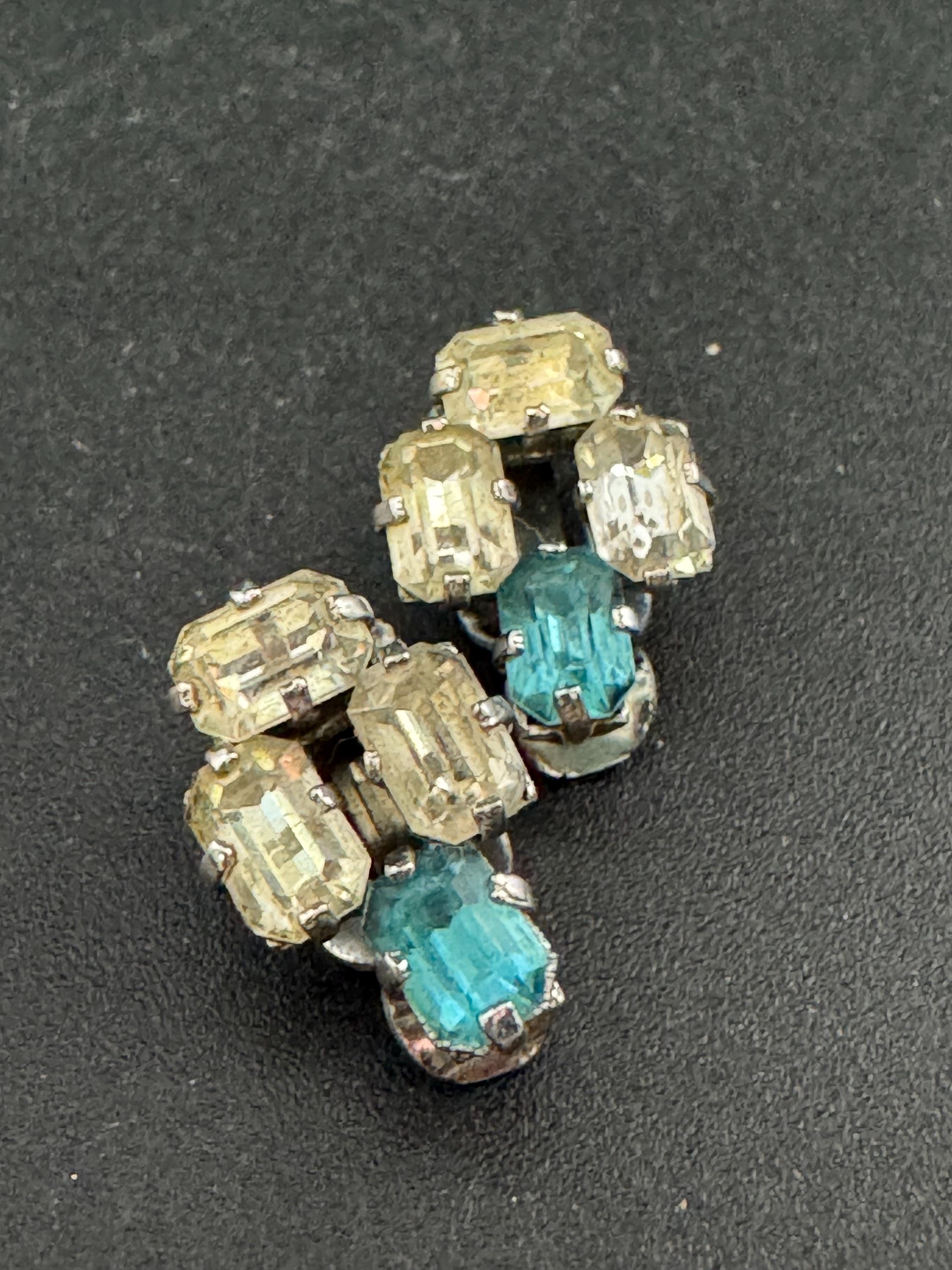 Vintage Diamante Clip On Earrings: Silver Tone Sapphire & Turquoise