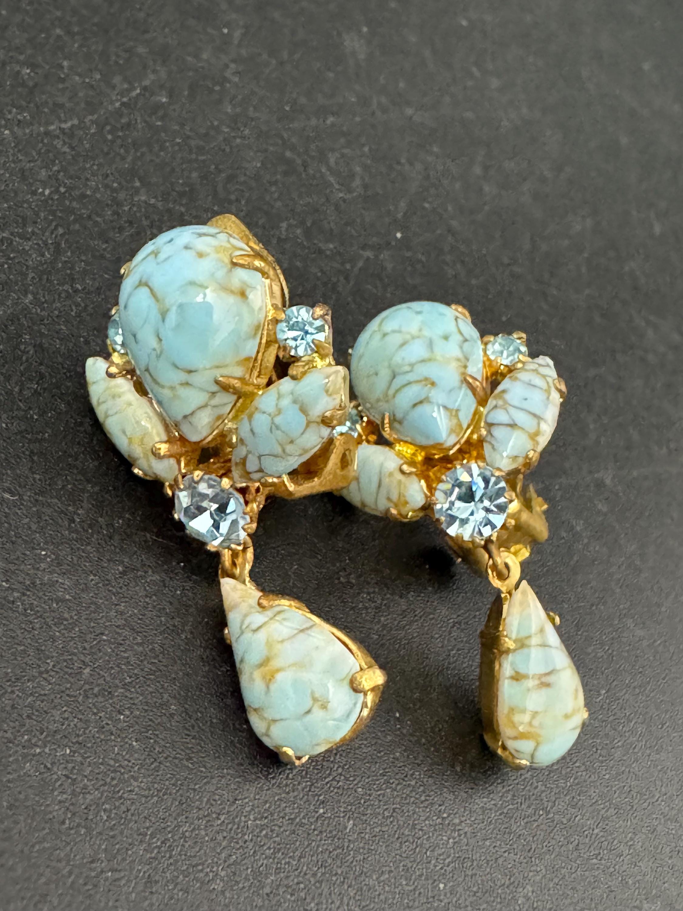 Vintage west German turquoise beaded sapphire rhinestone dangly clip on earrings, art deco