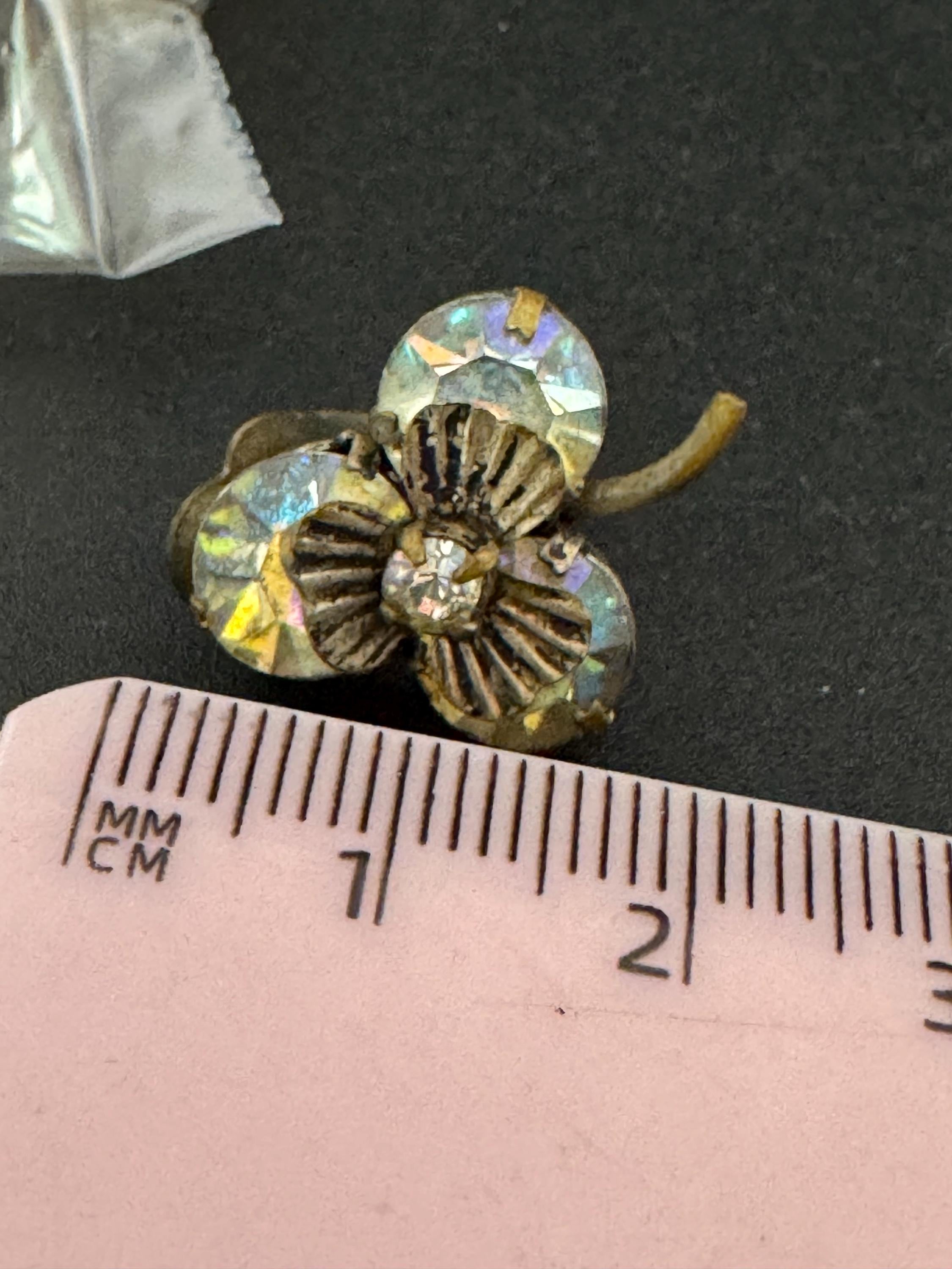 Antique good luck Czech AB shamrock silver tone rhinestone clip on earrings