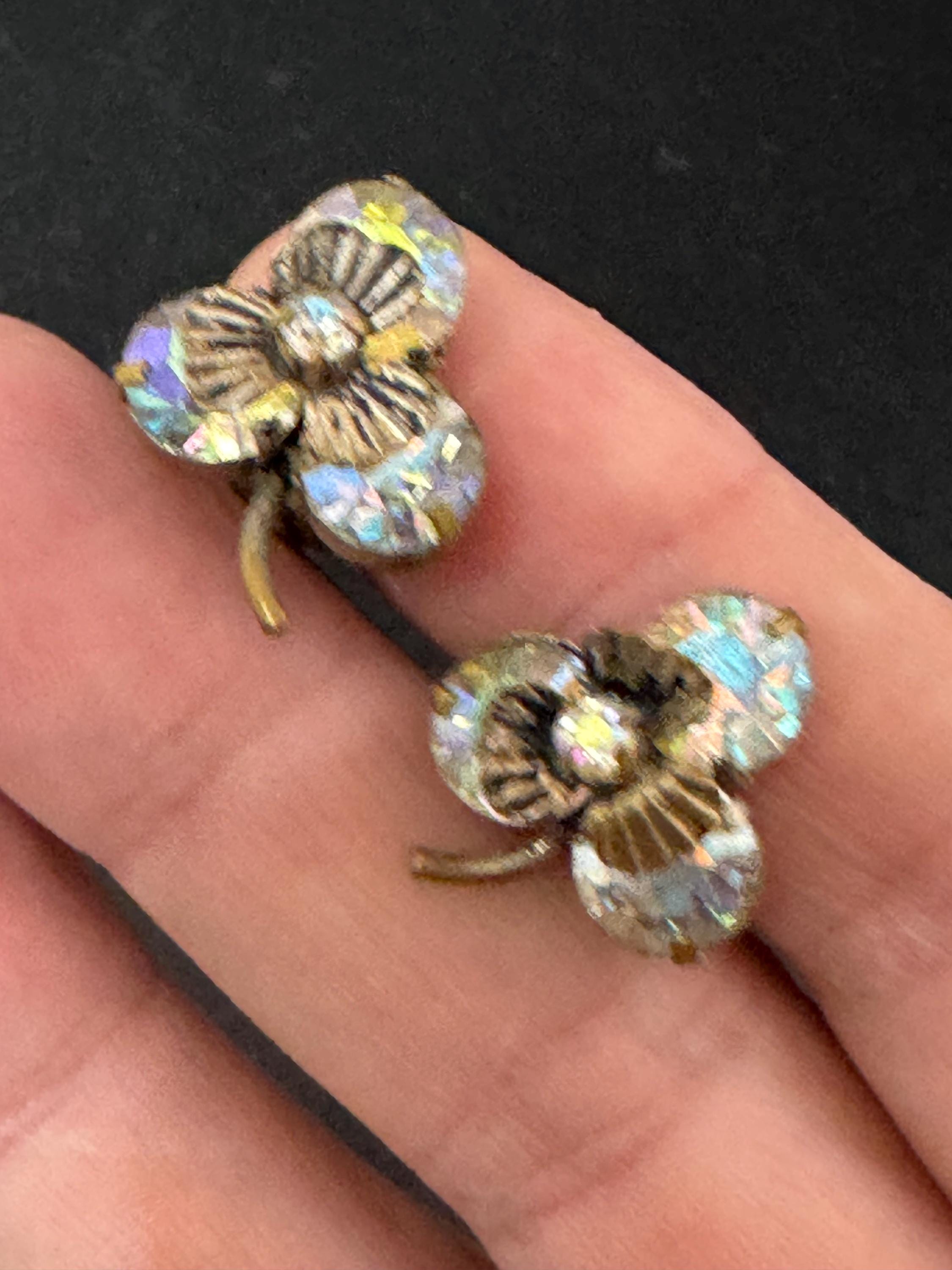 Antique good luck Czech AB shamrock silver tone rhinestone clip on earrings