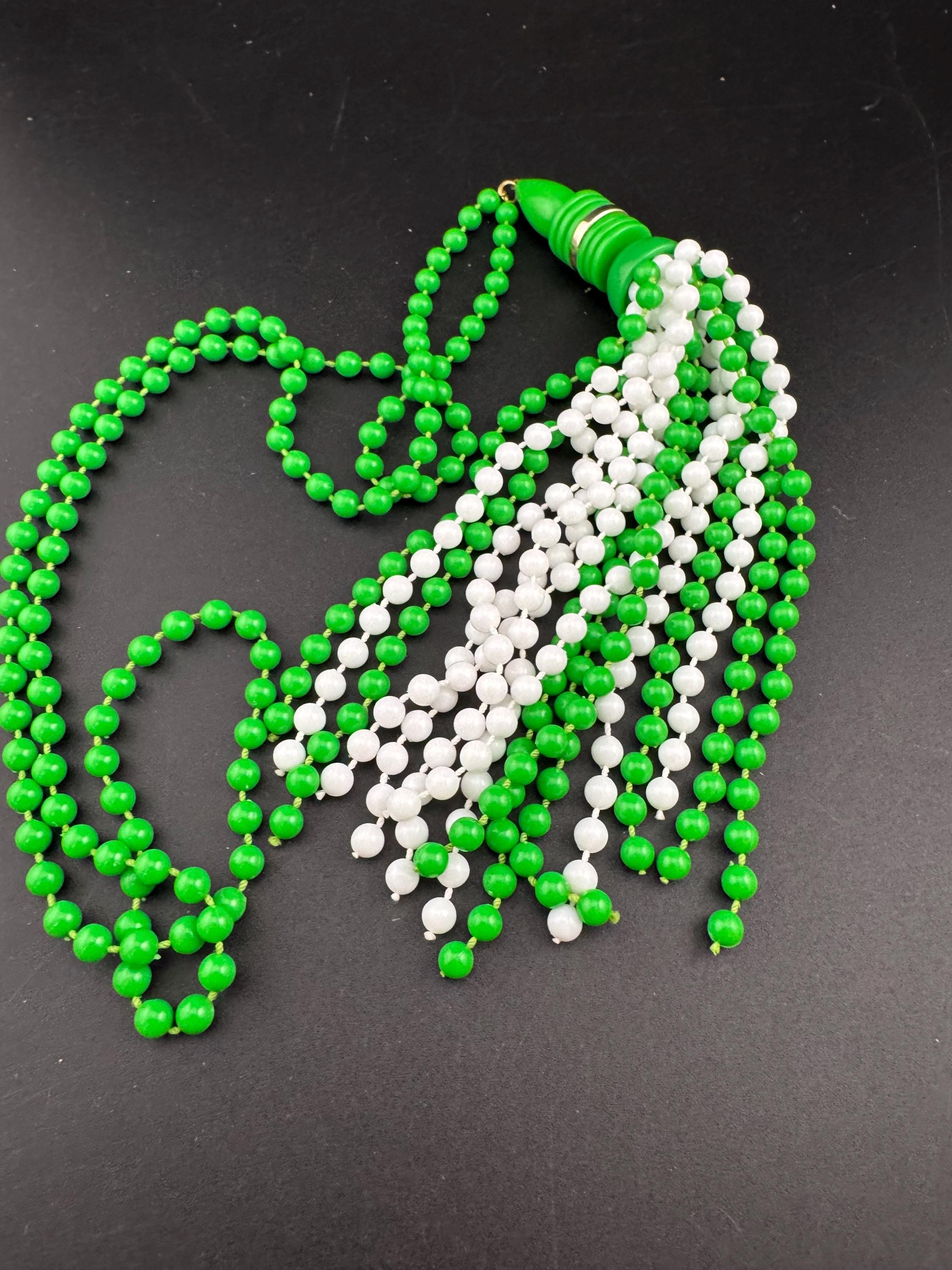 Vintage 1960s bright green and white plastic beaded long tassel necklace 76cm long