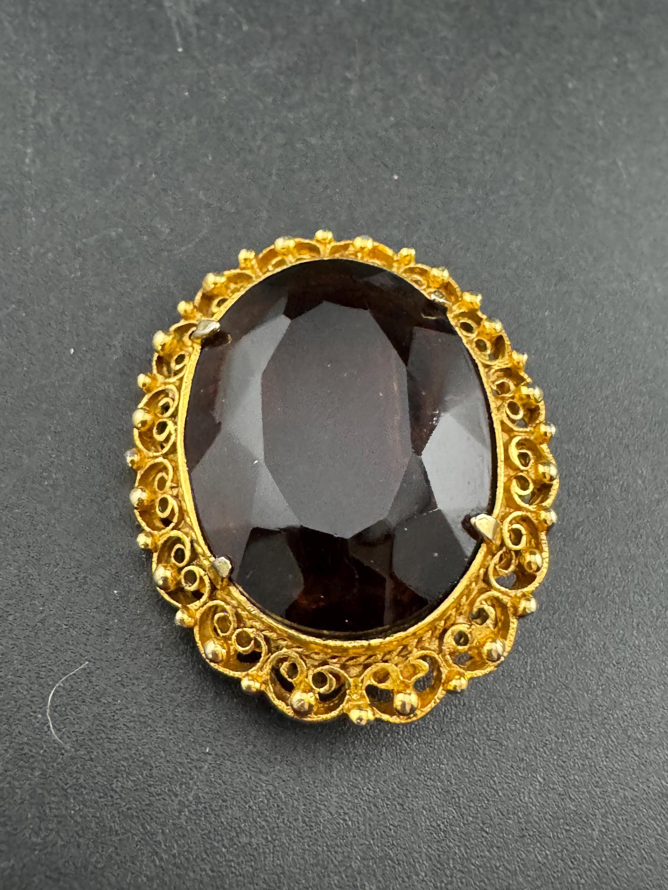 vintage brooch large brown cognac glass stone roll clasp 1960s
