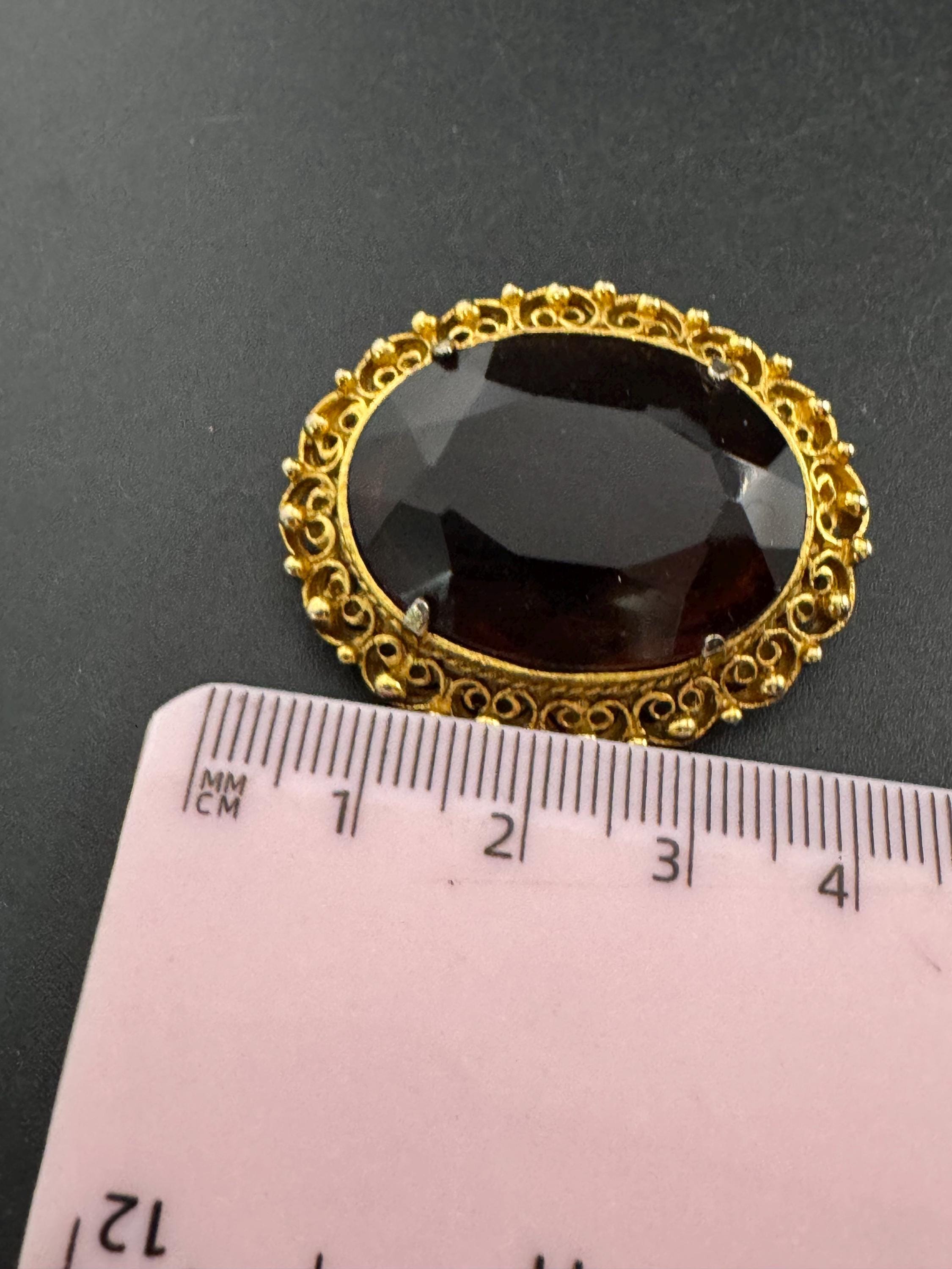 vintage brooch large brown cognac glass stone roll clasp 1960s