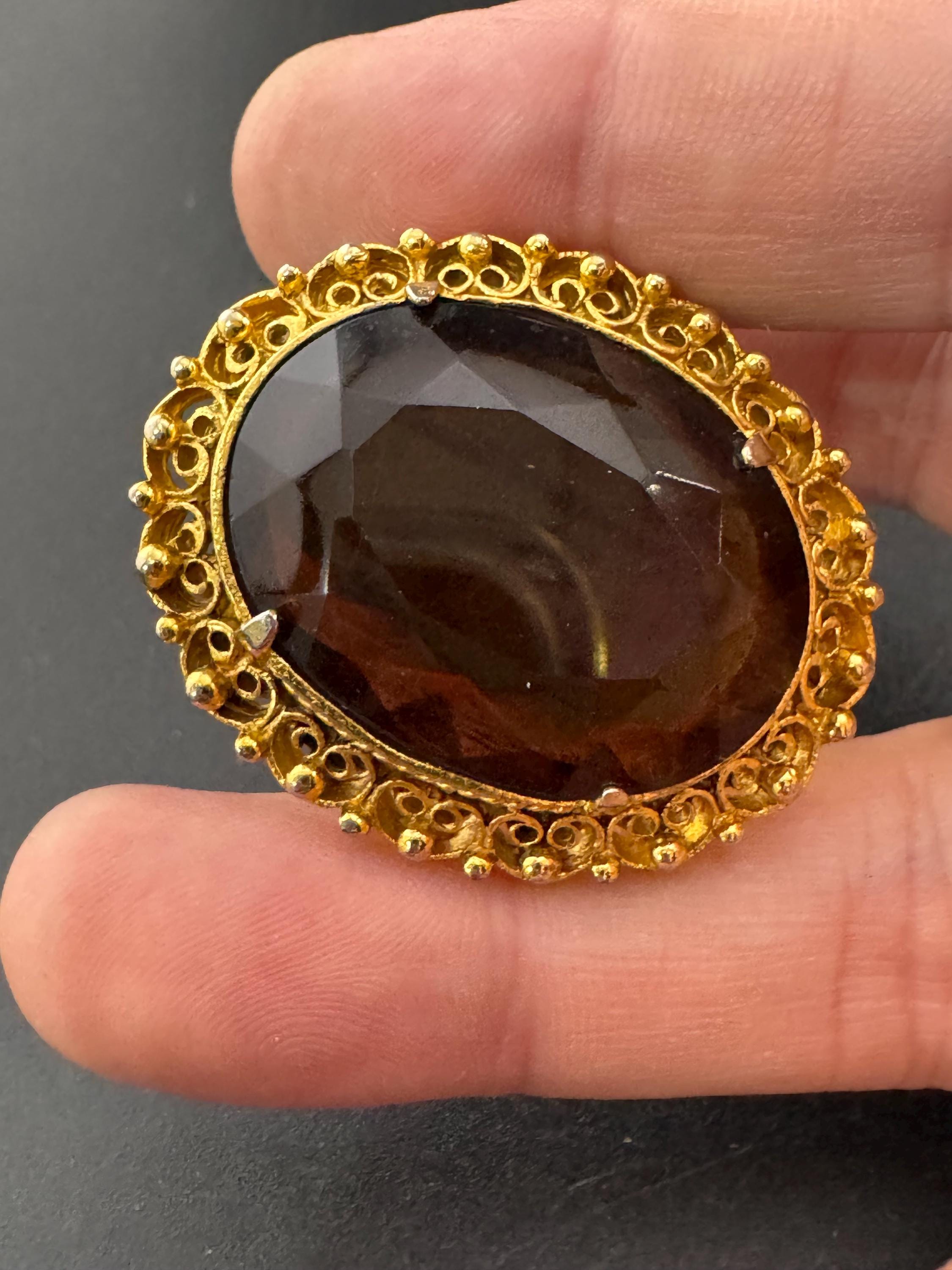 vintage brooch large brown cognac glass stone roll clasp 1960s