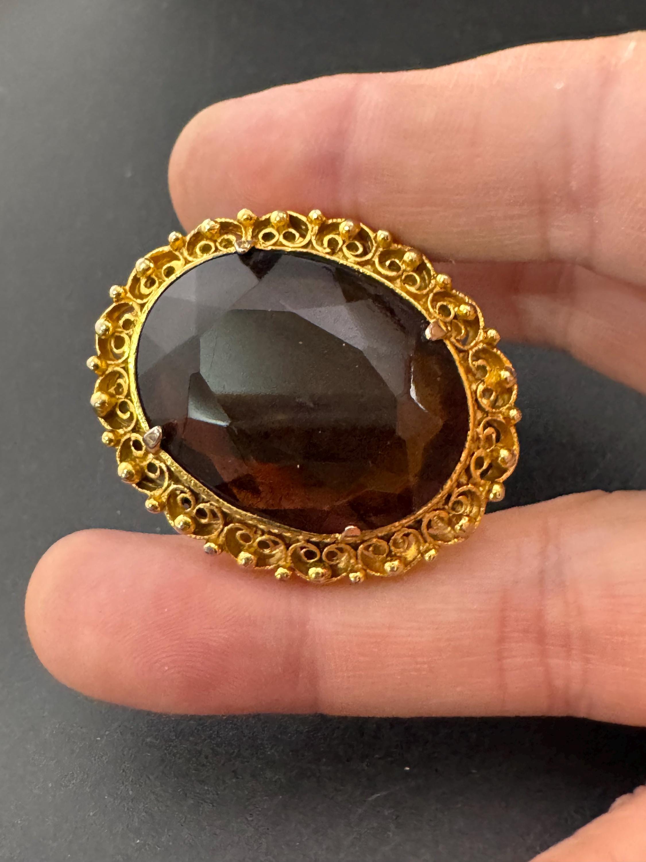 vintage brooch large brown cognac glass stone roll clasp 1960s