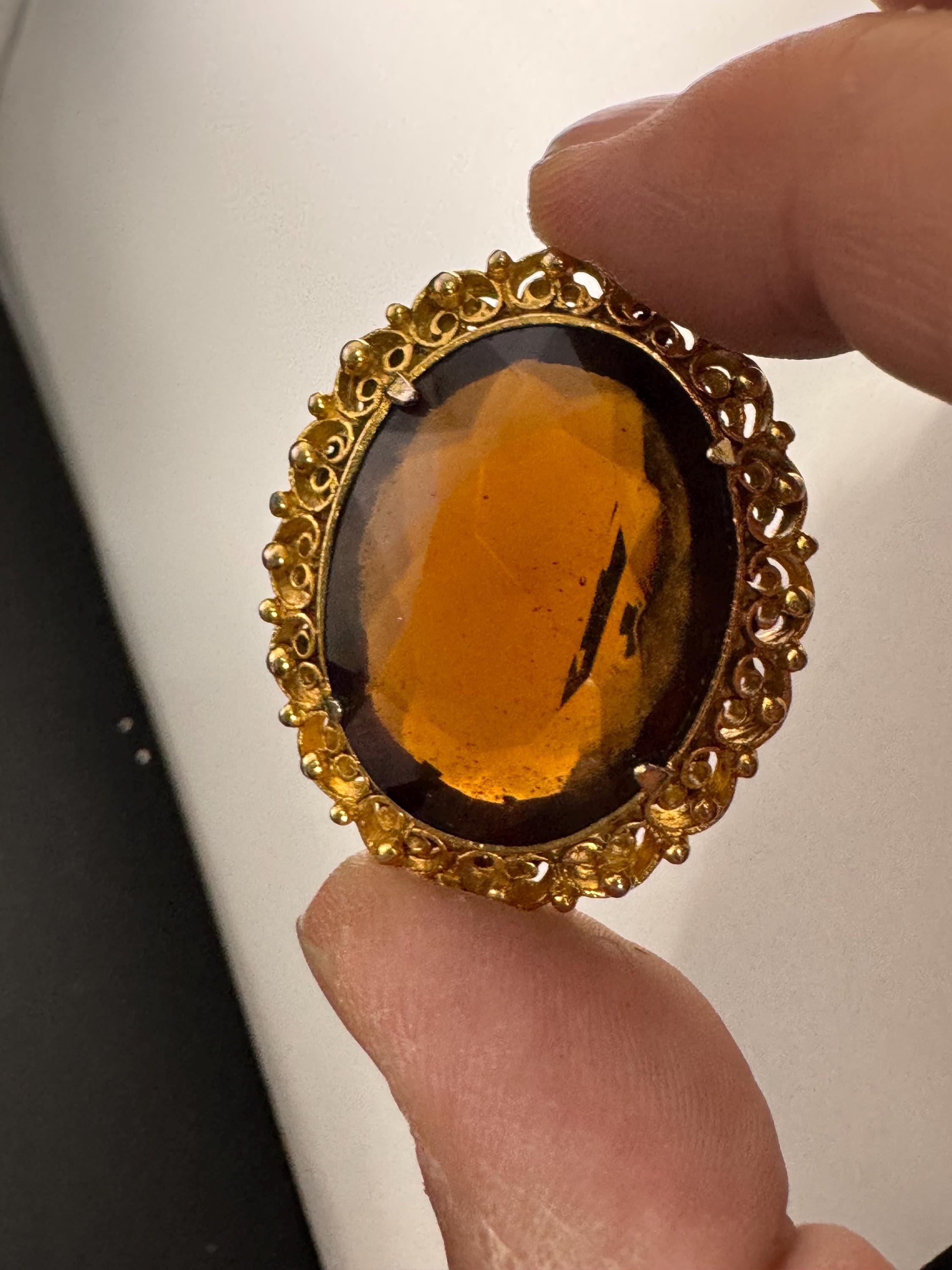 vintage brooch large brown cognac glass stone roll clasp 1960s