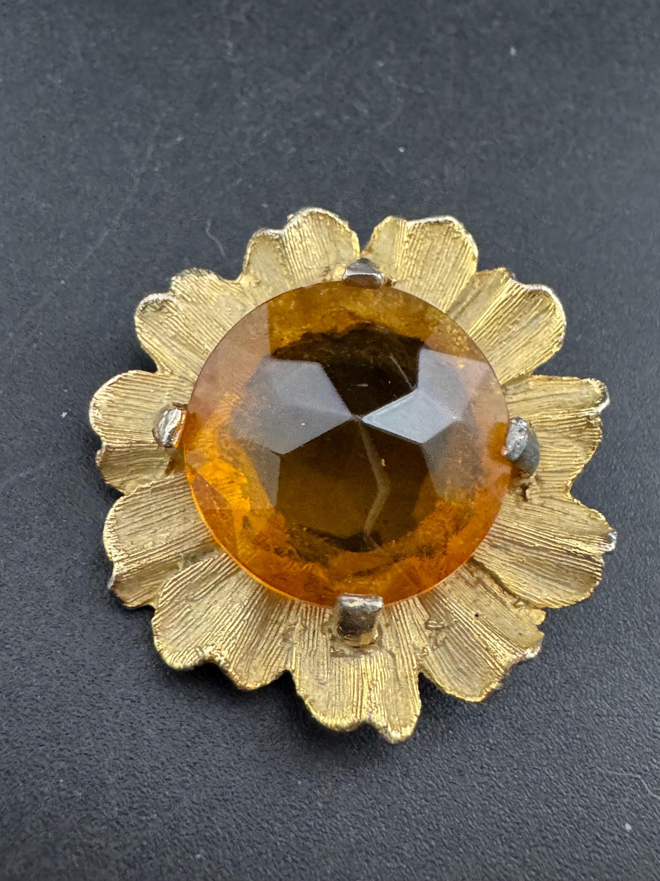 vintage citrine amber orange glass cabuchon glass brooch , floral