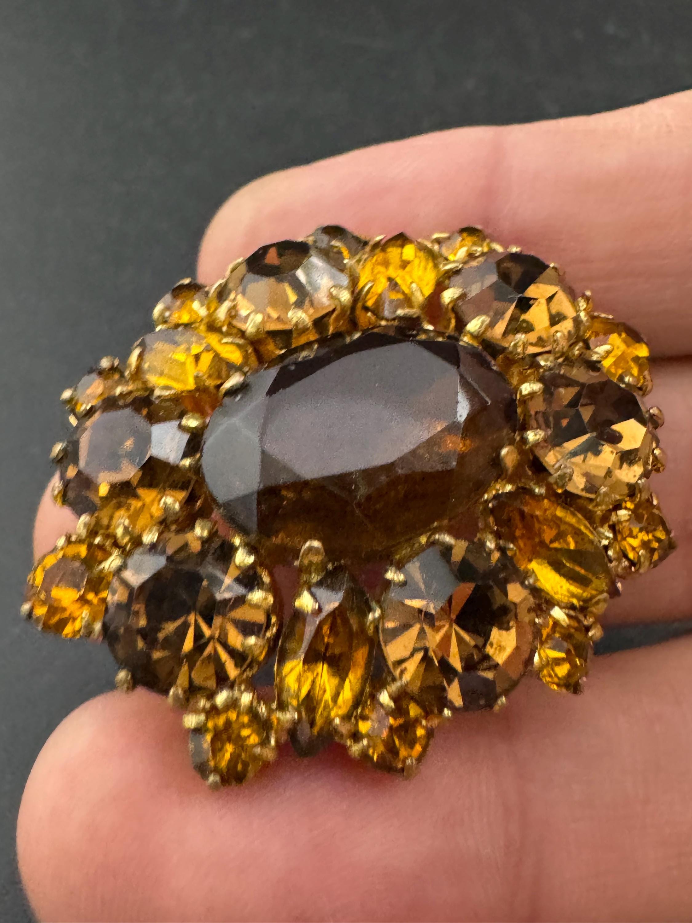vintage orange citrine and brown cognac glass open back brooch 1950s